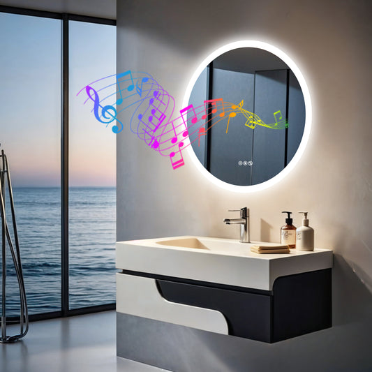 Espejo de baño redondo con Bluetooth y altavoz LUVODI, sin pantalla de 31,5 pulgadas