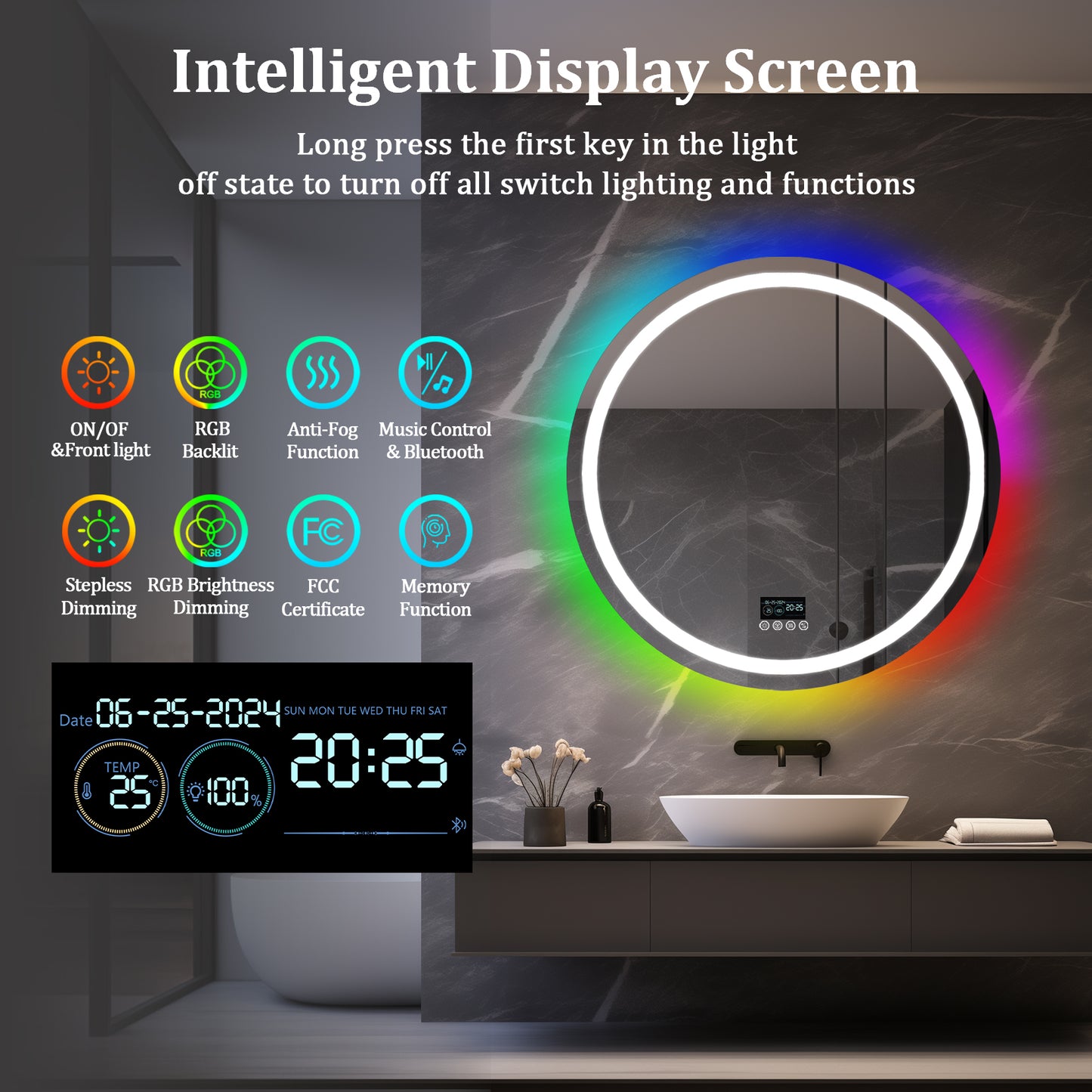 LUVODI Round LED Bluetooth Bathroom Mirror with RGB Backlit