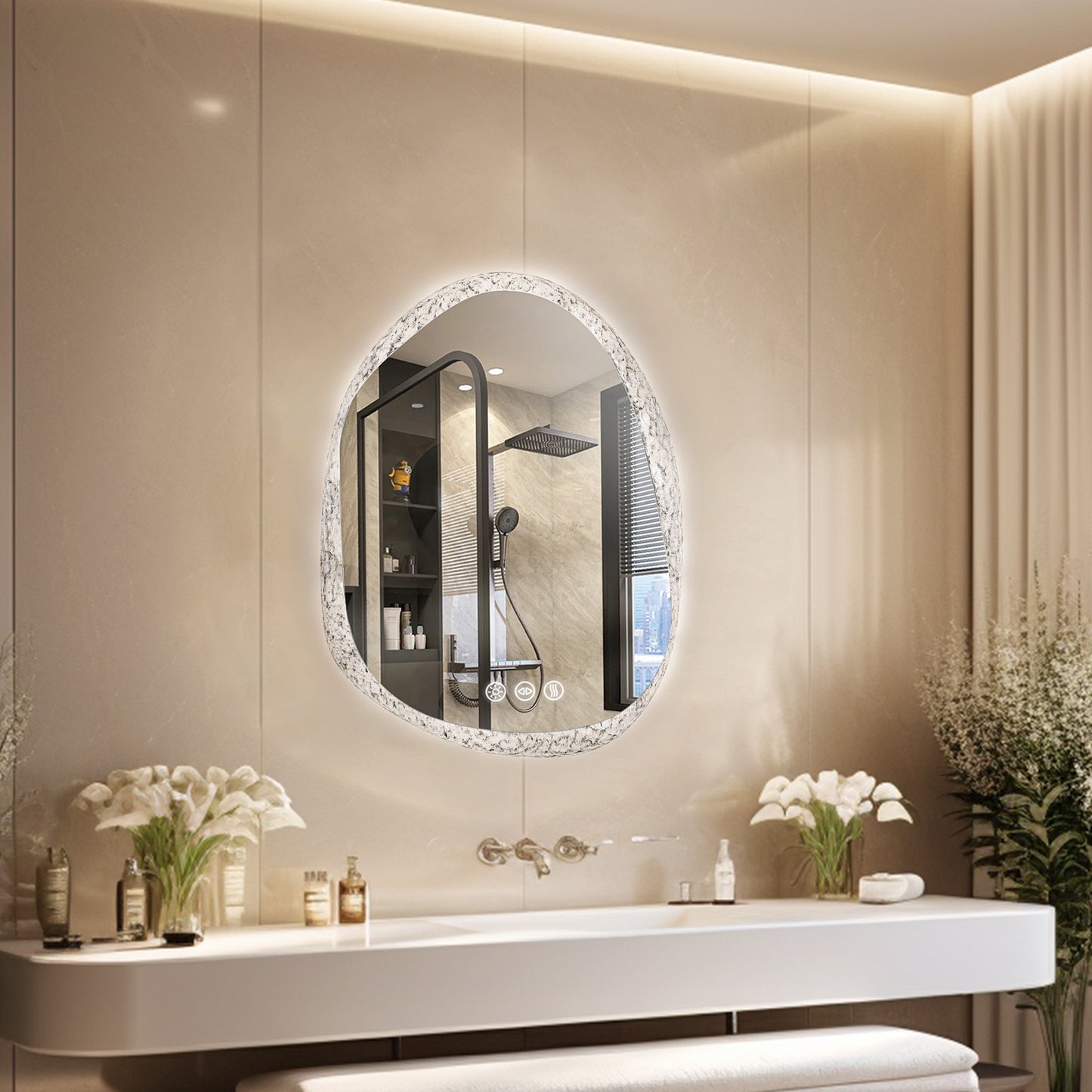 LUVODI Irregular Crystal Glass Wall Lighted Bathroom Mirror with Backlit Dimmable LED Vanity Mirror