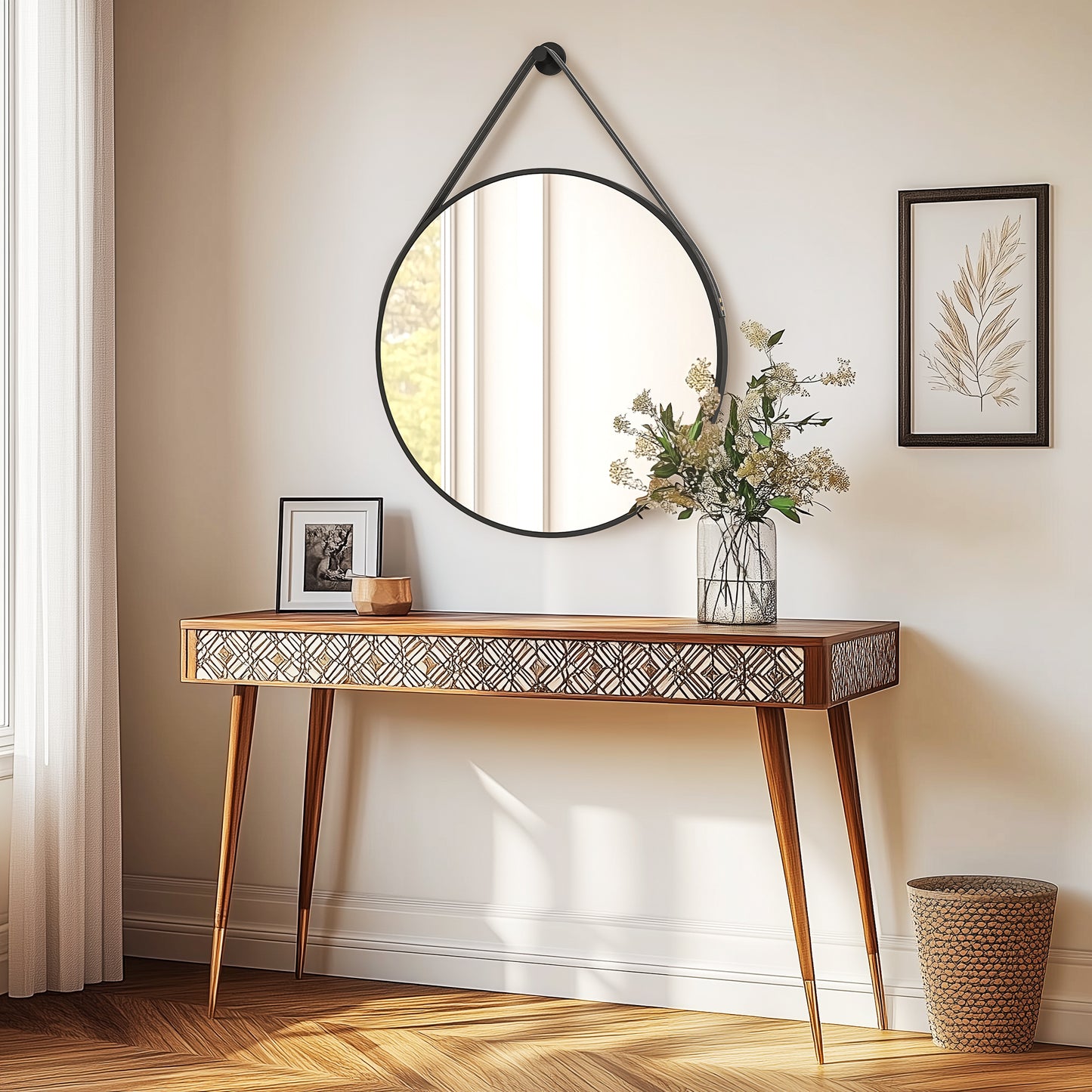 Black Round Mirror With Hanging Rope For Living Room, Bedroom, Entryway