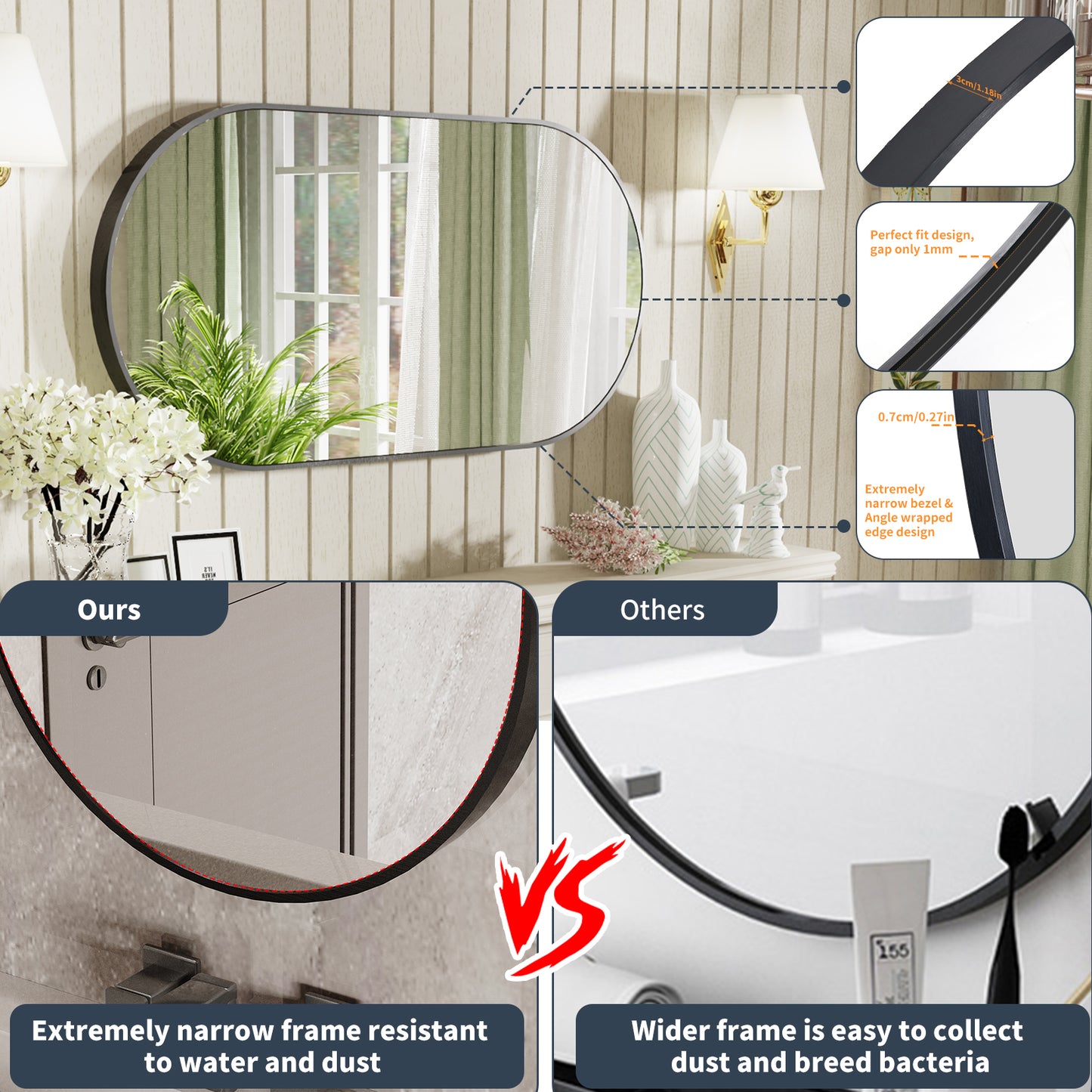LUVODI 100x50cm Oval Wall-mounted Vanity Mirror Metal Frame Accent Mirror for Bathroom, Entryway