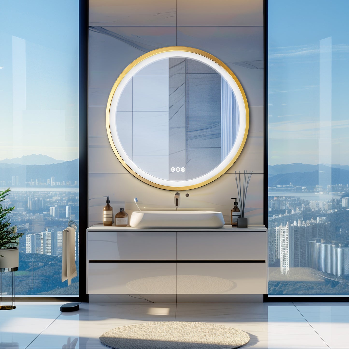 LUVODI Round LED Bathroom Mirror with Gold Aluminum Alloy Frame Sand to the Edge Mirror