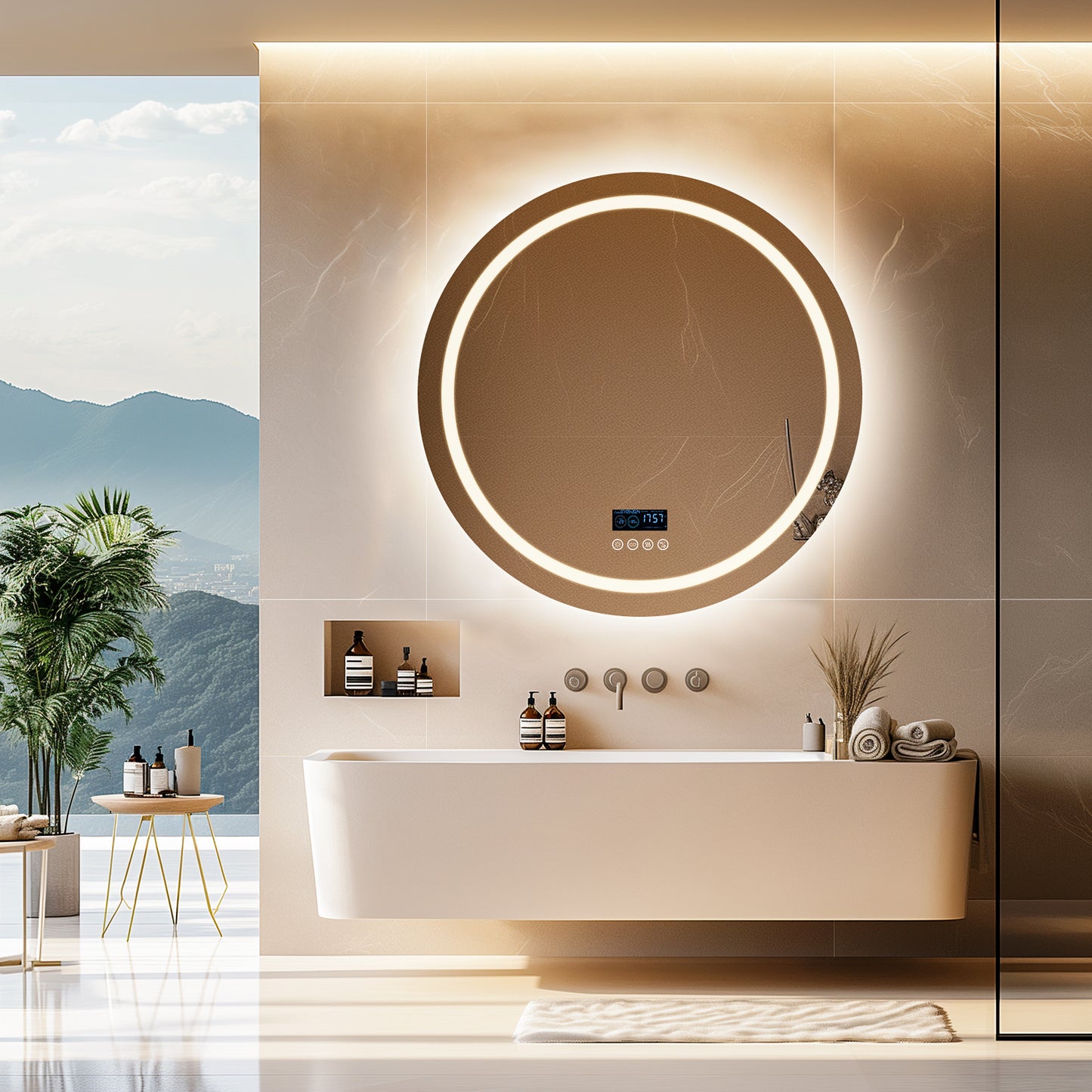 LUVODI Round LED Bluetooth Bathroom Mirror with Smart Display 80x80cm