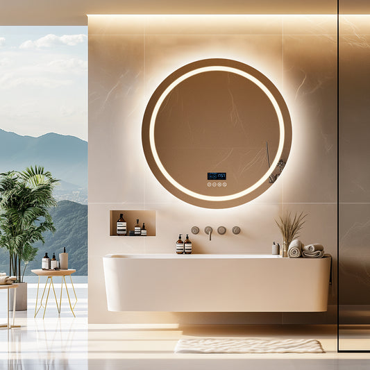LUVODI Round LED Bluetooth Bathroom Mirror with Smart Display 80x80cm