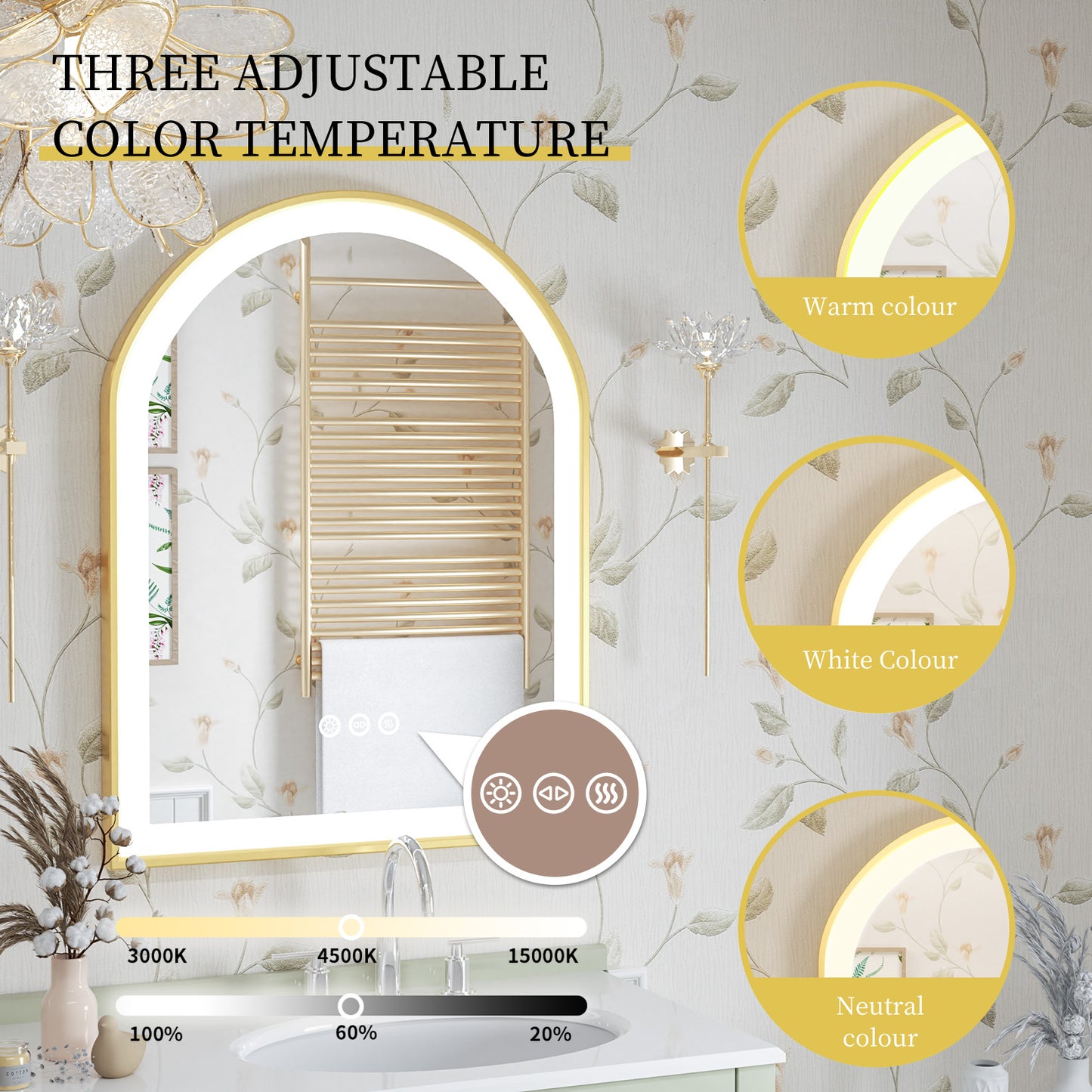 LUVODI Arched LED Bathroom Mirror with Gold Aluminum Alloy Narrow Frame Defogging 3 Color