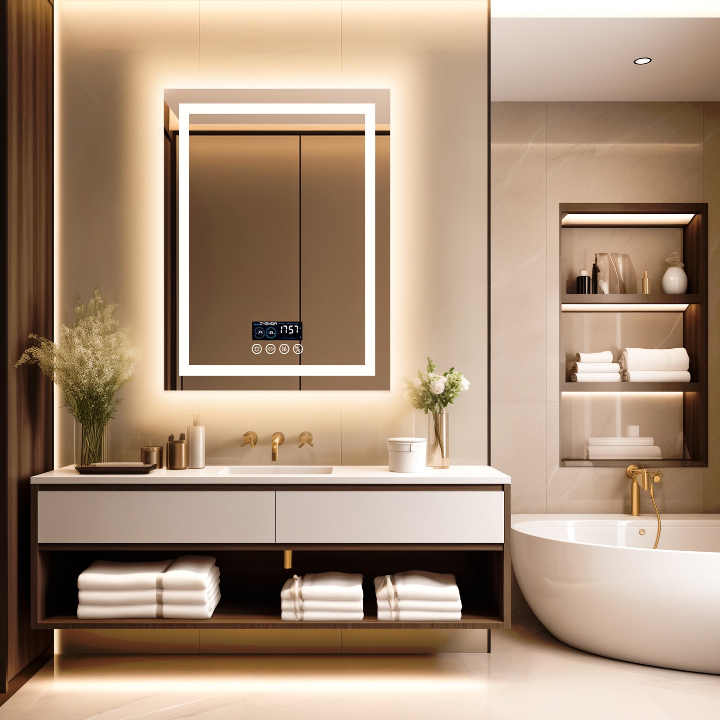 LUVODI LED Bathroom Mirror with Bluethooth Speaker Music Defogging Date & Time Display
