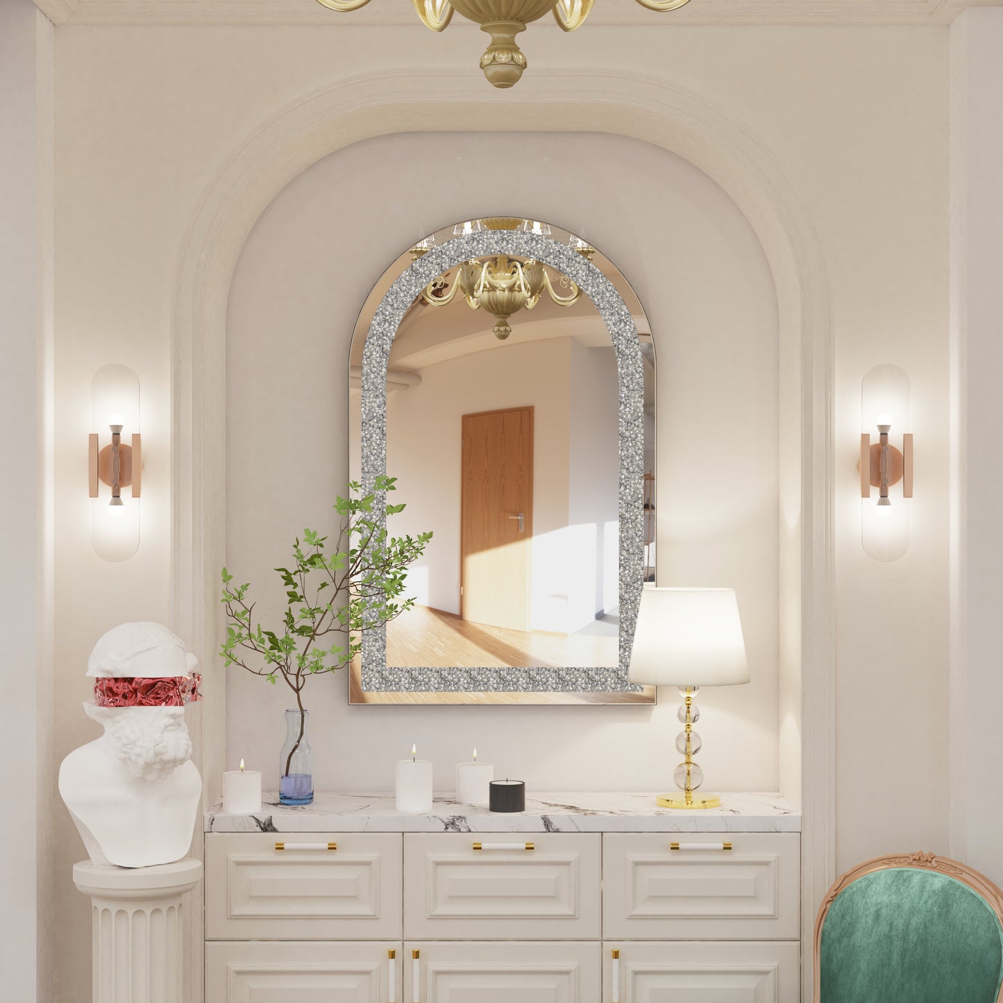 Arched Crystal Crushed Diamond Wall Mirror for Bedroom Living Room Entryway 23x35"