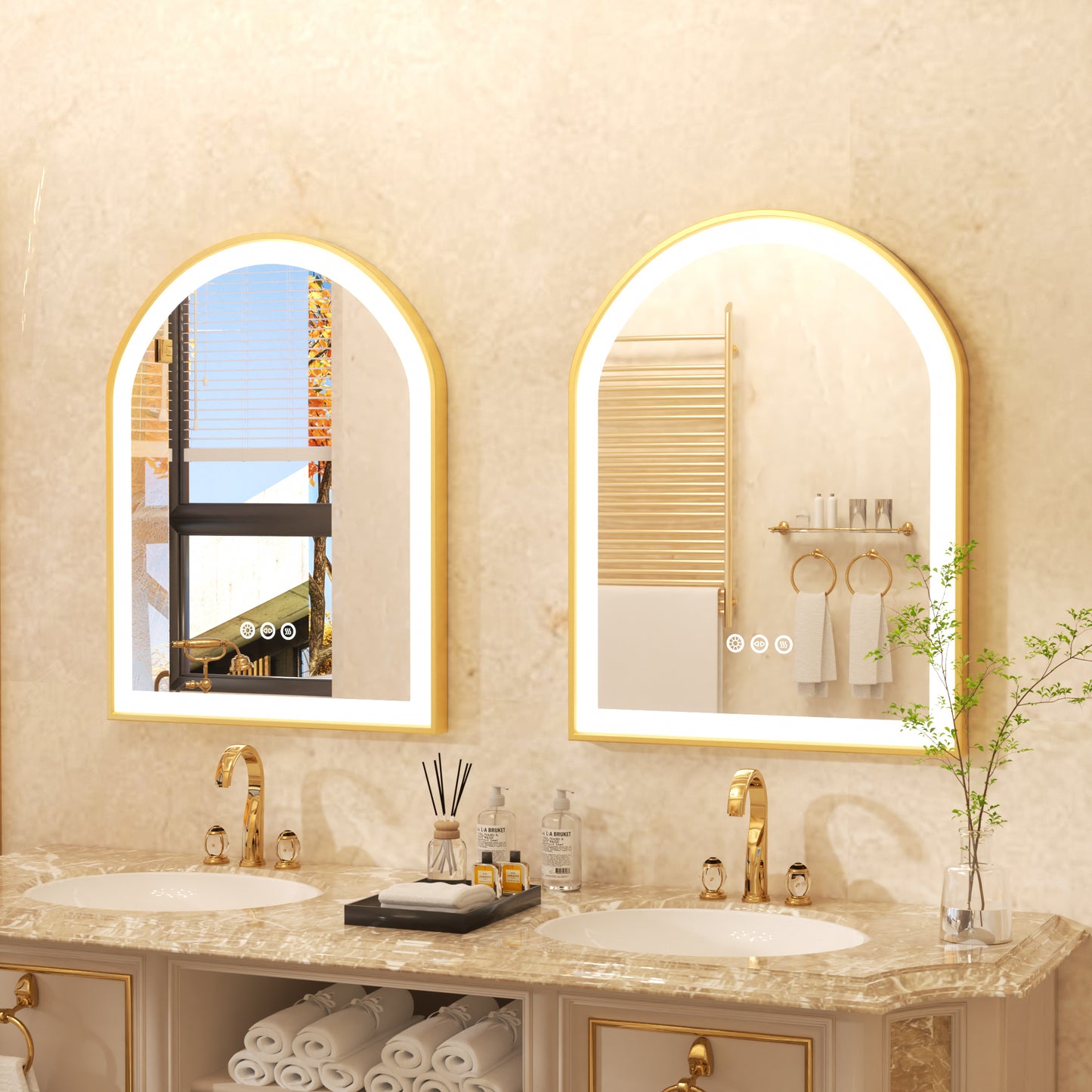LUVODI Arched LED Bathroom Mirror with Gold Aluminum Alloy Narrow Frame Defogging 3 Color