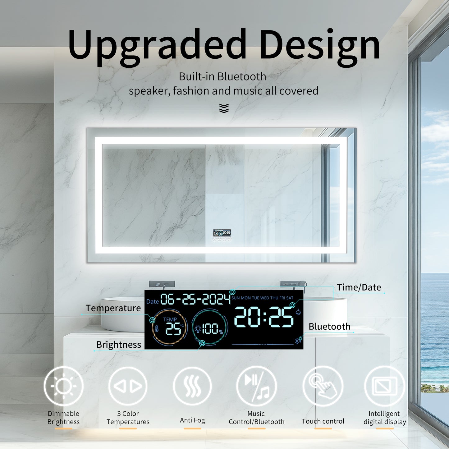 LUVODI LED Rectangular Bluetooth Mirror with Samrt Display Horizontal Hanging
