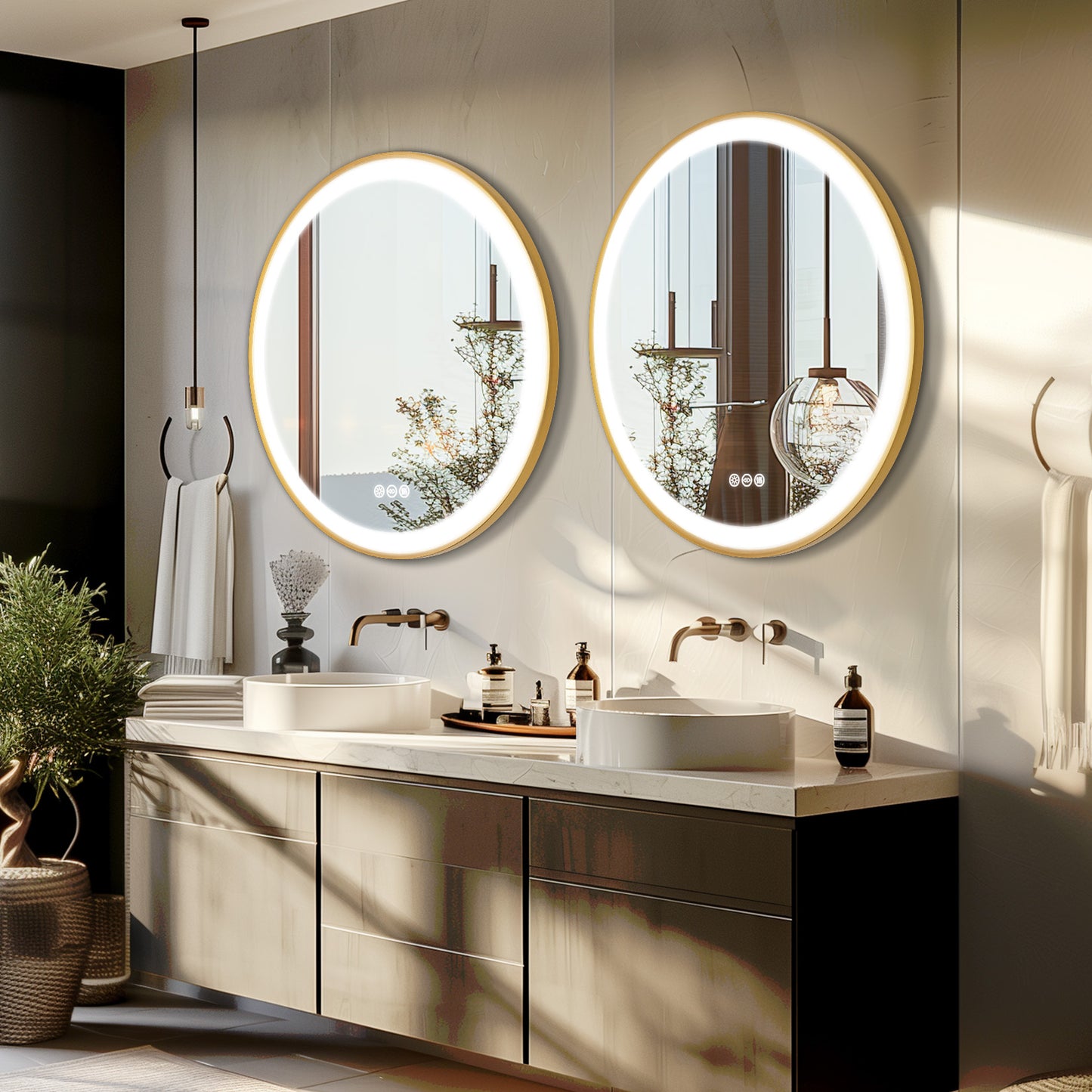LUVODI Round LED Bathroom Mirror with Gold Aluminum Alloy Frame Sand to the Edge Mirror