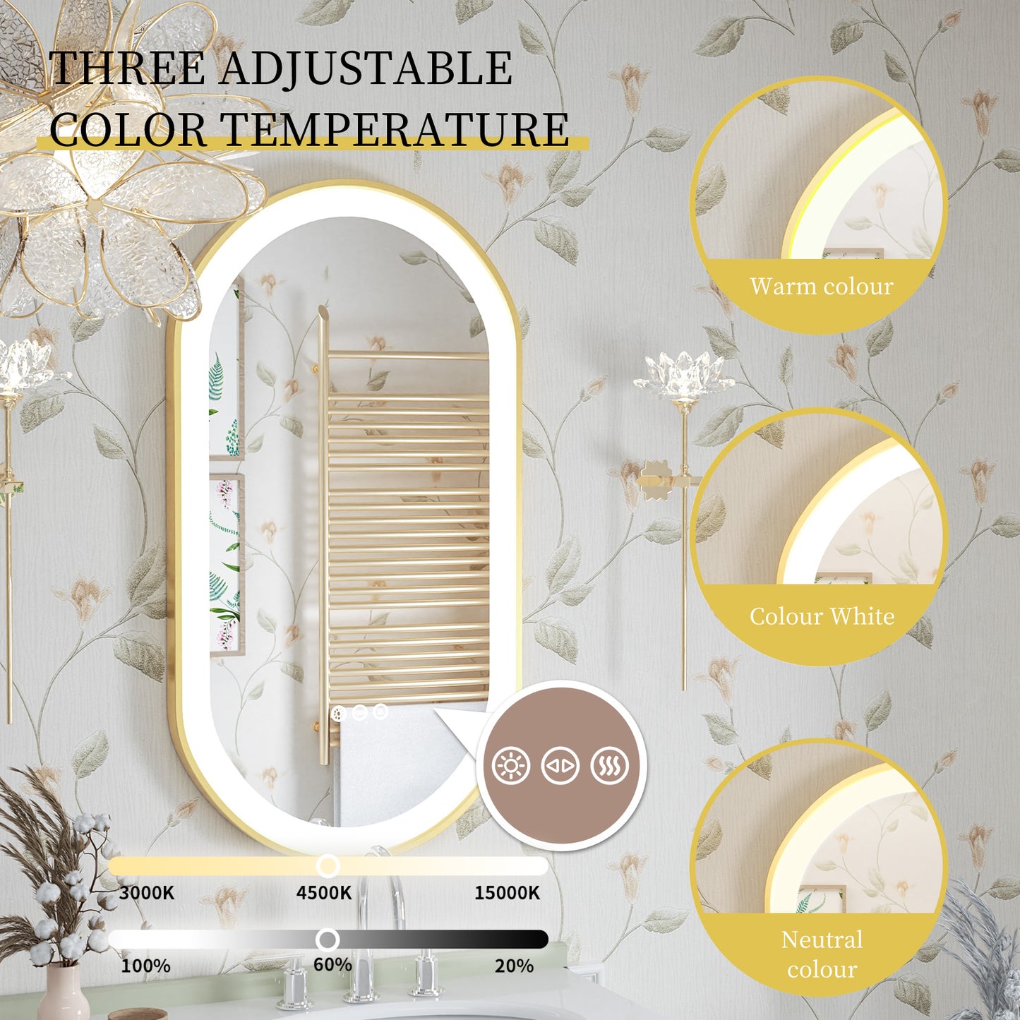 LUVODI Capsule Shape LED Bathroom Mirror with Gold Aluminum Alloy Narrow Frame Defogging 3 Color