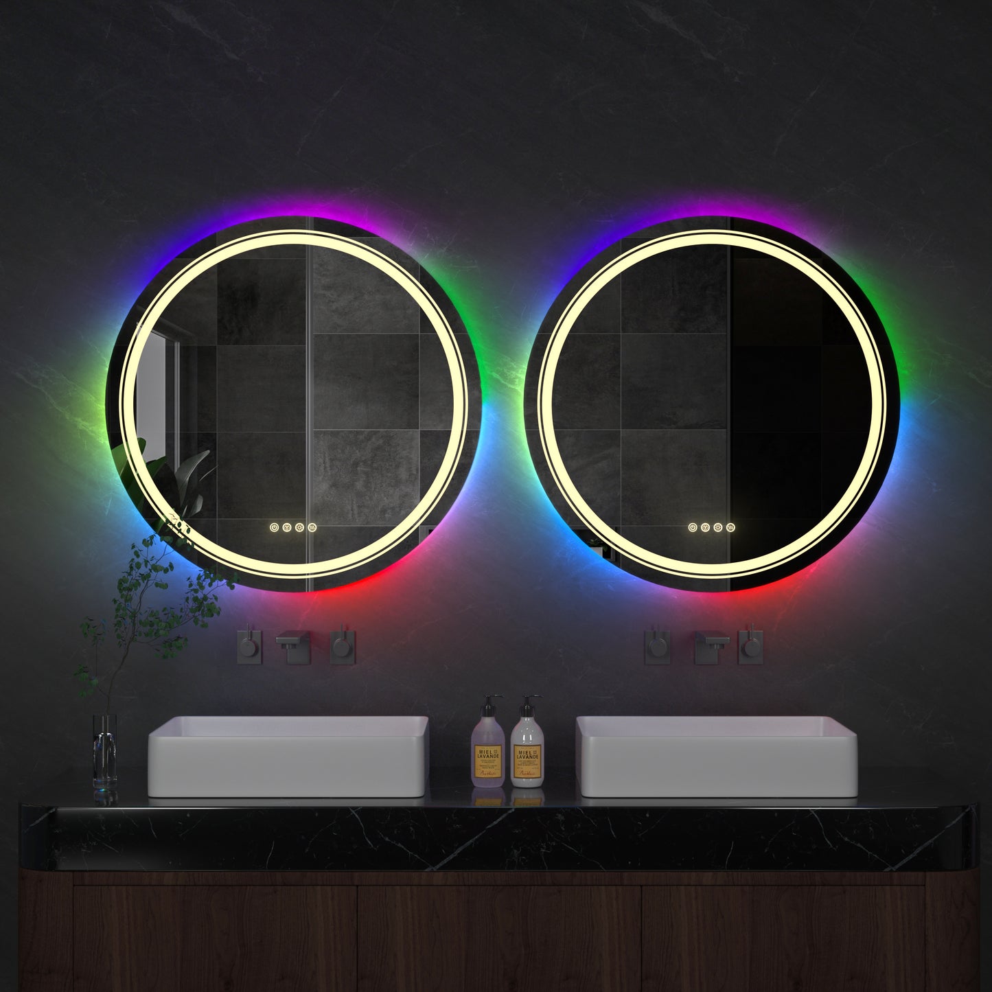 LUVODI Round LED Bathroom Mirror with 8 RGB Backlit 3 Front Light Color Smart Defogging Touch