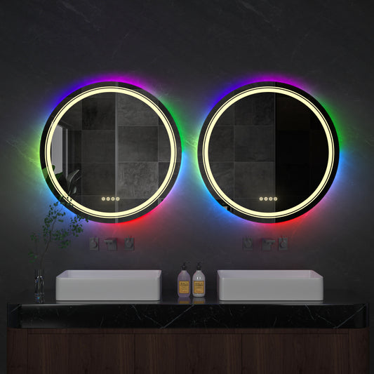 LUVODI Round LED Bathroom Mirror with 8 RGB Backlit 3 Front Light Color Smart Defogging Touch