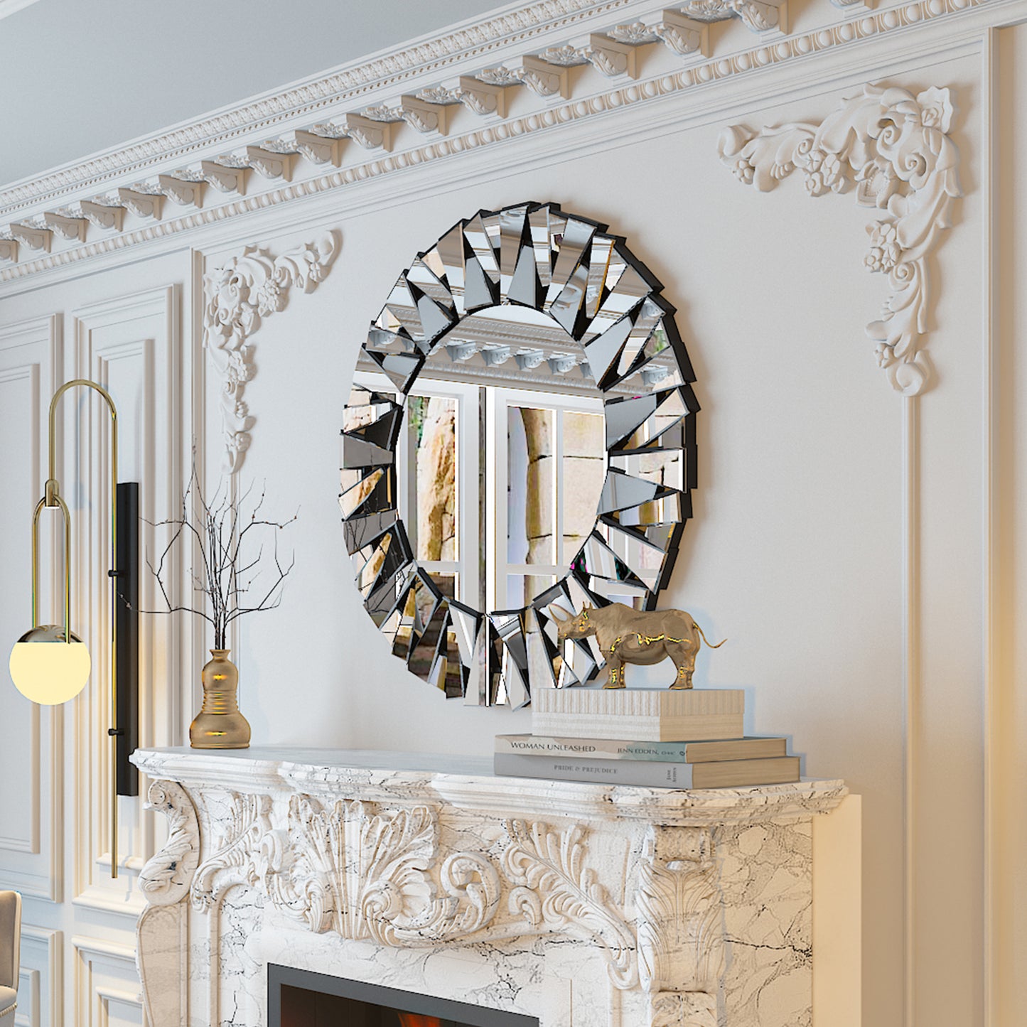 31.5” Round Wall-mounted Sunburst Mirror Silver Glass Accent Mirror for Living Room
