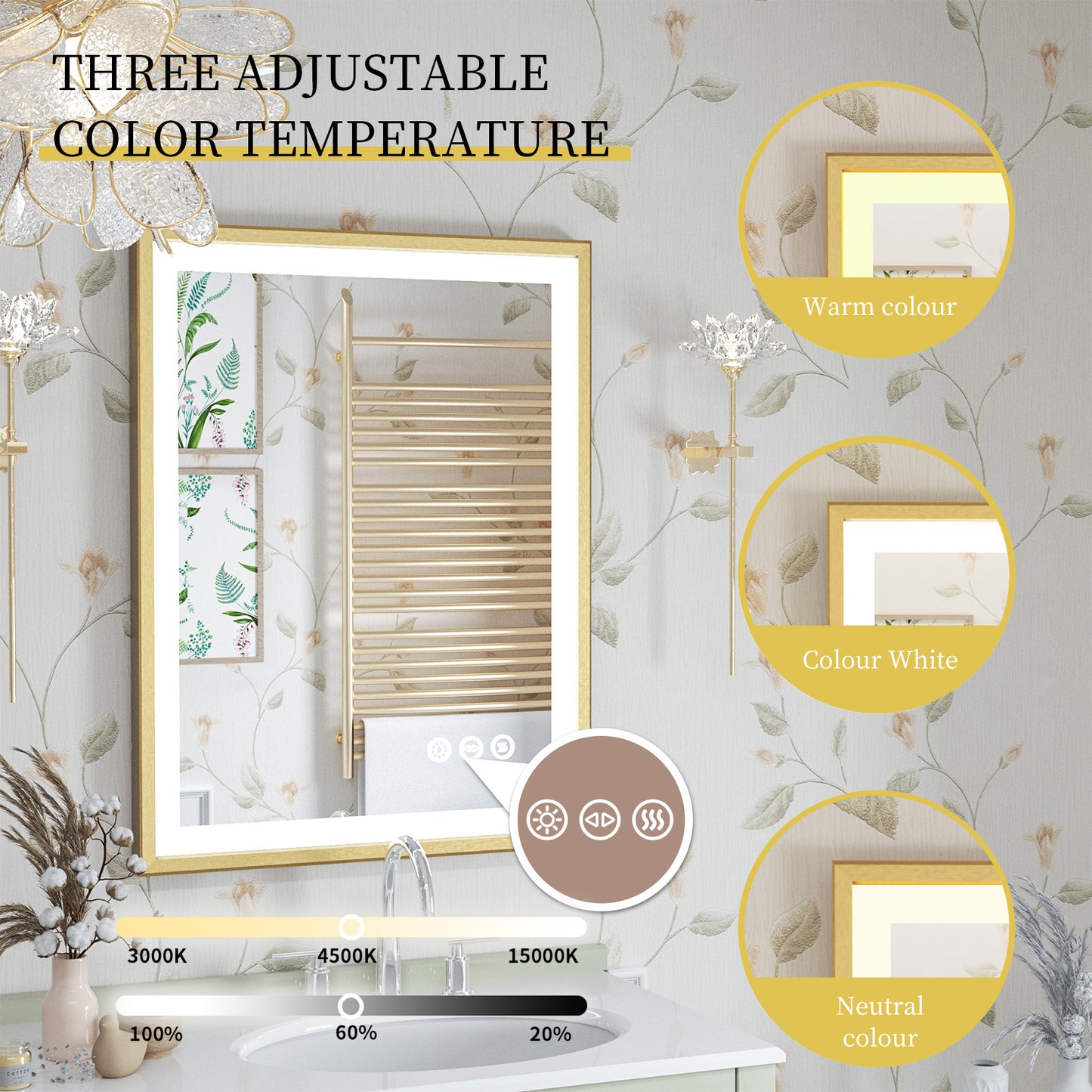 LUVODI Rctangular LED Bathroom Mirror with Gold Aluminum Alloy Narrow Frame Defogging 3 Color