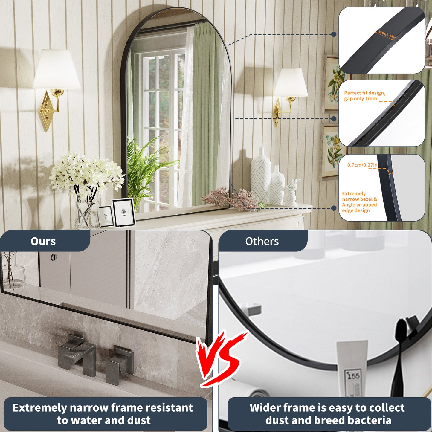 LUVODI Black Framed Arched Wall Mirror Bathroom Bedroom Makeup Dressing Mirror