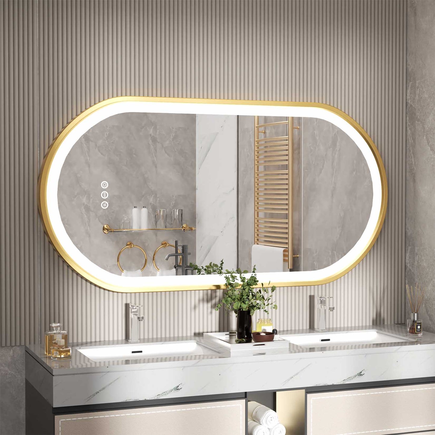LUVODI Capsule Shape LED Bathroom Mirror with Gold Aluminum Alloy Narrow Frame Defogging 3 Color