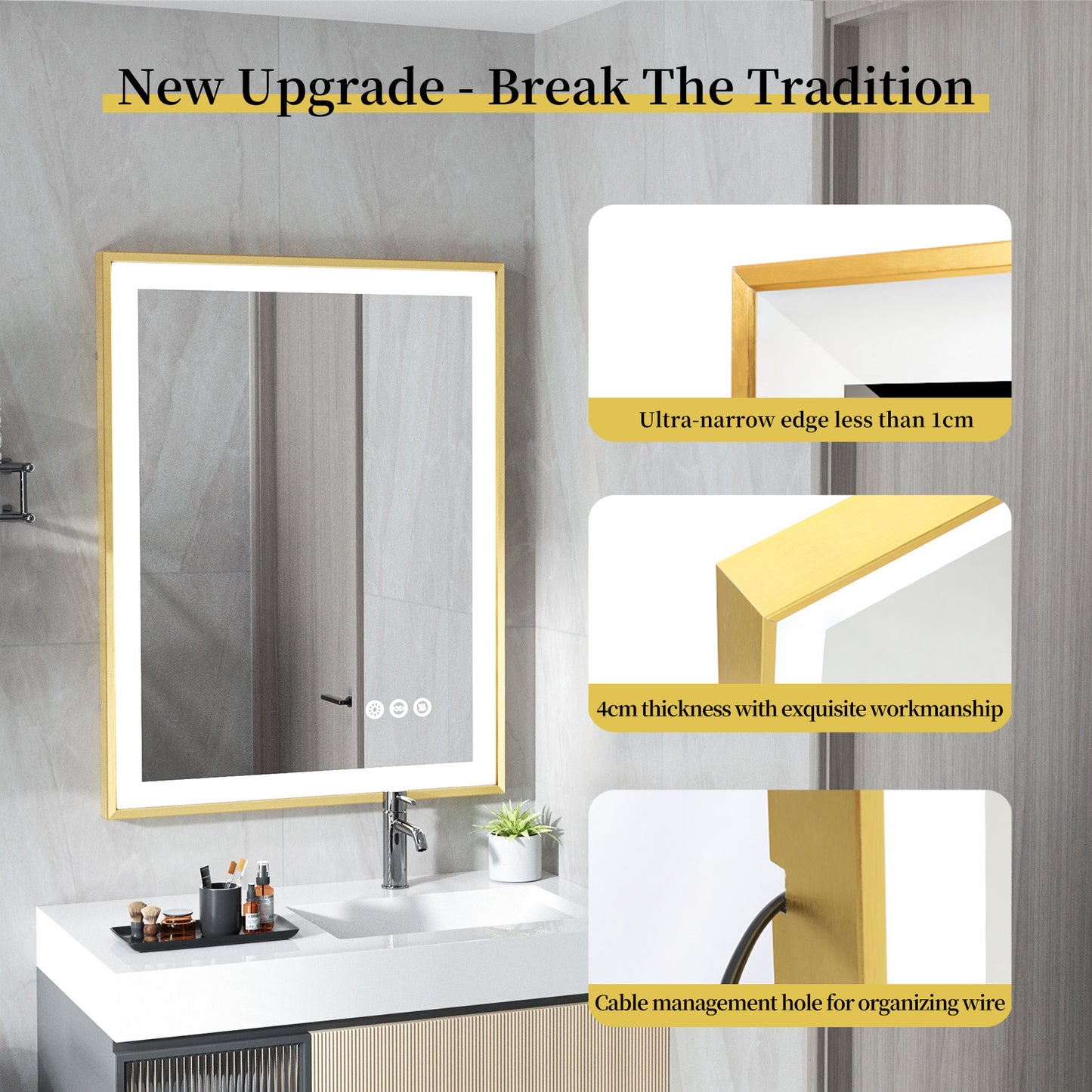 LUVODI Rctangular LED Bathroom Mirror with Gold Aluminum Alloy Narrow Frame Defogging 3 Color