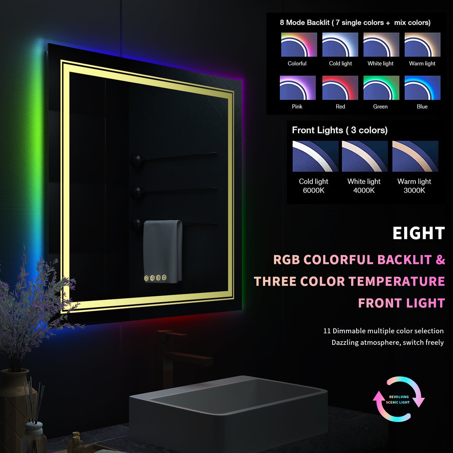 LUVODI 80x80cm Square LED Bathroom Mirror with 8 RGB Backlit 3 Front Light Color Smart Defogging Touch