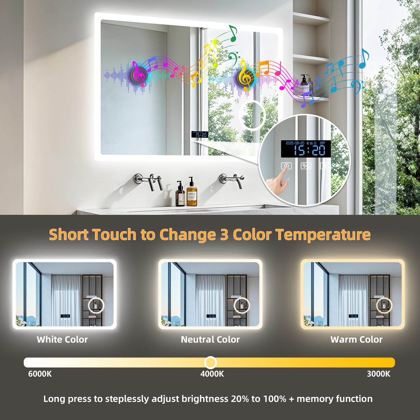 LUVODI Bluetooth Bathroom Mirror With 3X Magnifying, Time/Date Display Makeup Mirror