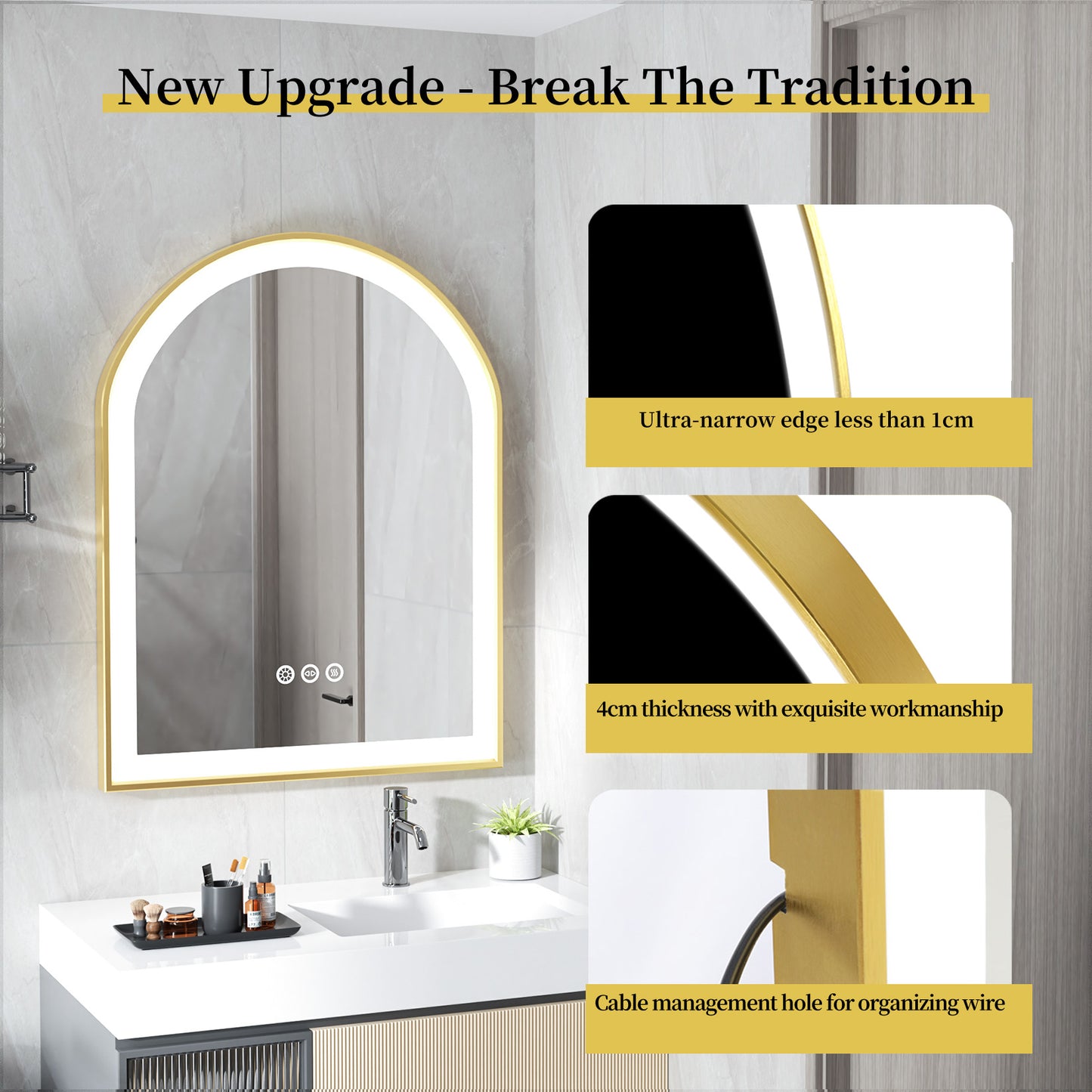 LUVODI Arched LED Bathroom Mirror with Gold Aluminum Alloy Narrow Frame Defogging 3 Color