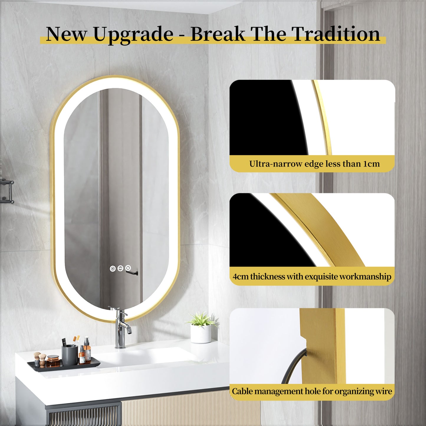 LUVODI Capsule Shape LED Bathroom Mirror with Gold Aluminum Alloy Narrow Frame Defogging 3 Color