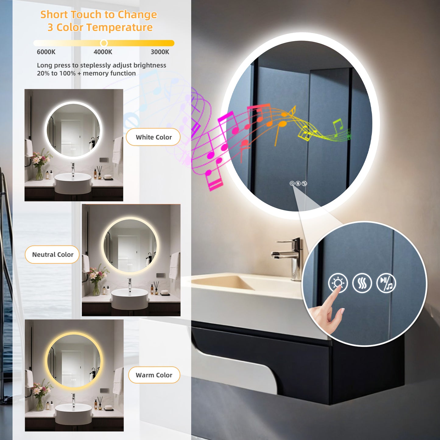 LUVODI Round Bluetooth Bathroom Mirror with Speaker, No Display 31.5 in