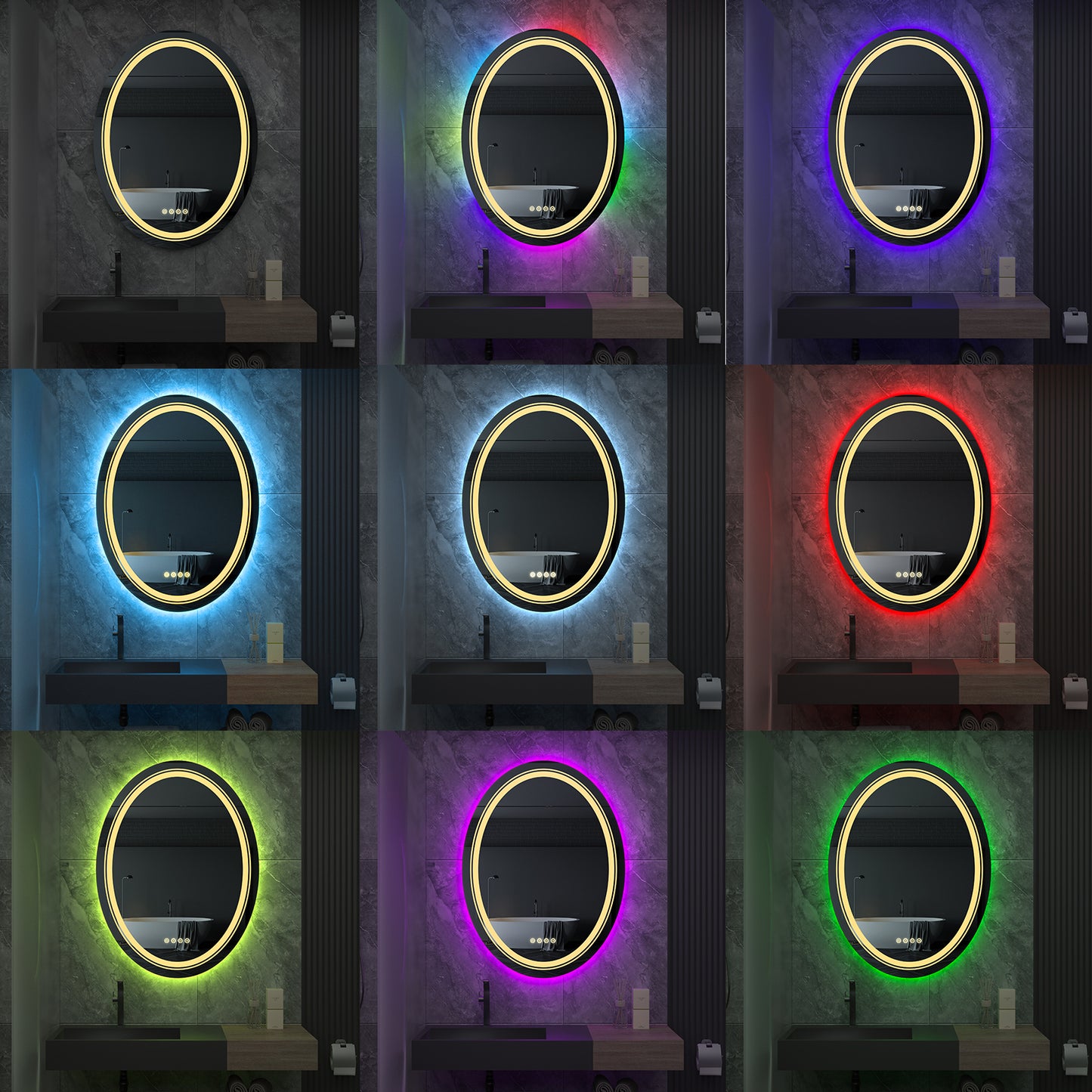 LUVODI 60x80cm Oval LED Bathroom Mirror with 8 RGB Backlit 3 Front Light Color Smart Defogging TouchCRI>90