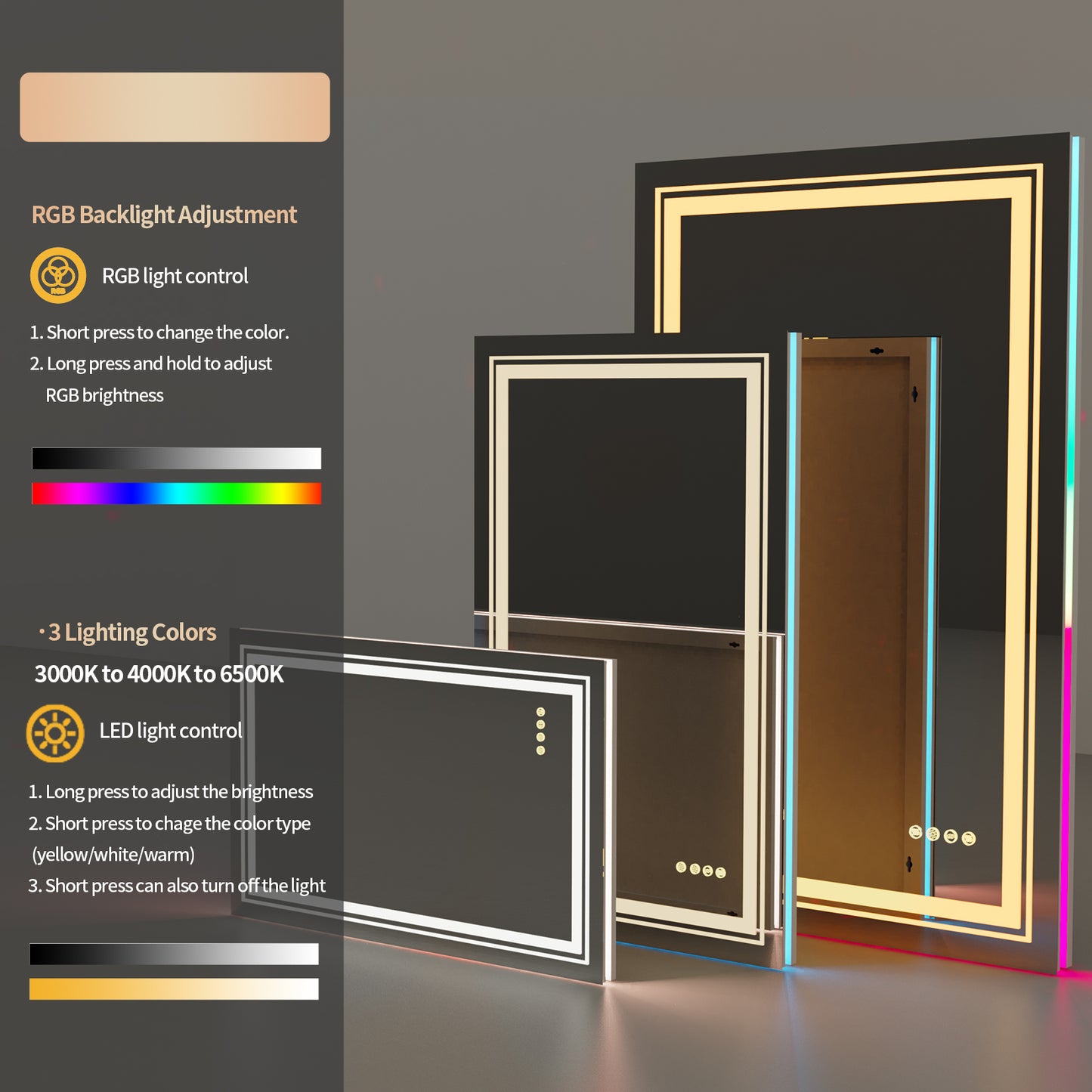 LUVODI Rectangular LED Bathroom Mirror with 8 RGB Backlit 3 Front Light Color Smart Defogging Touch