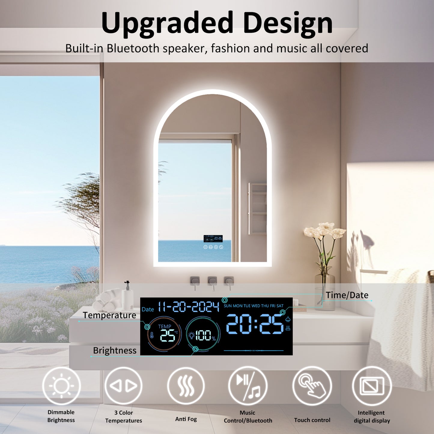 LUVODI Arched Bathroom Mirror with Bluetooth Speaker, Elegant Arch LED Lighted Bathroom Mirror 600x900mm