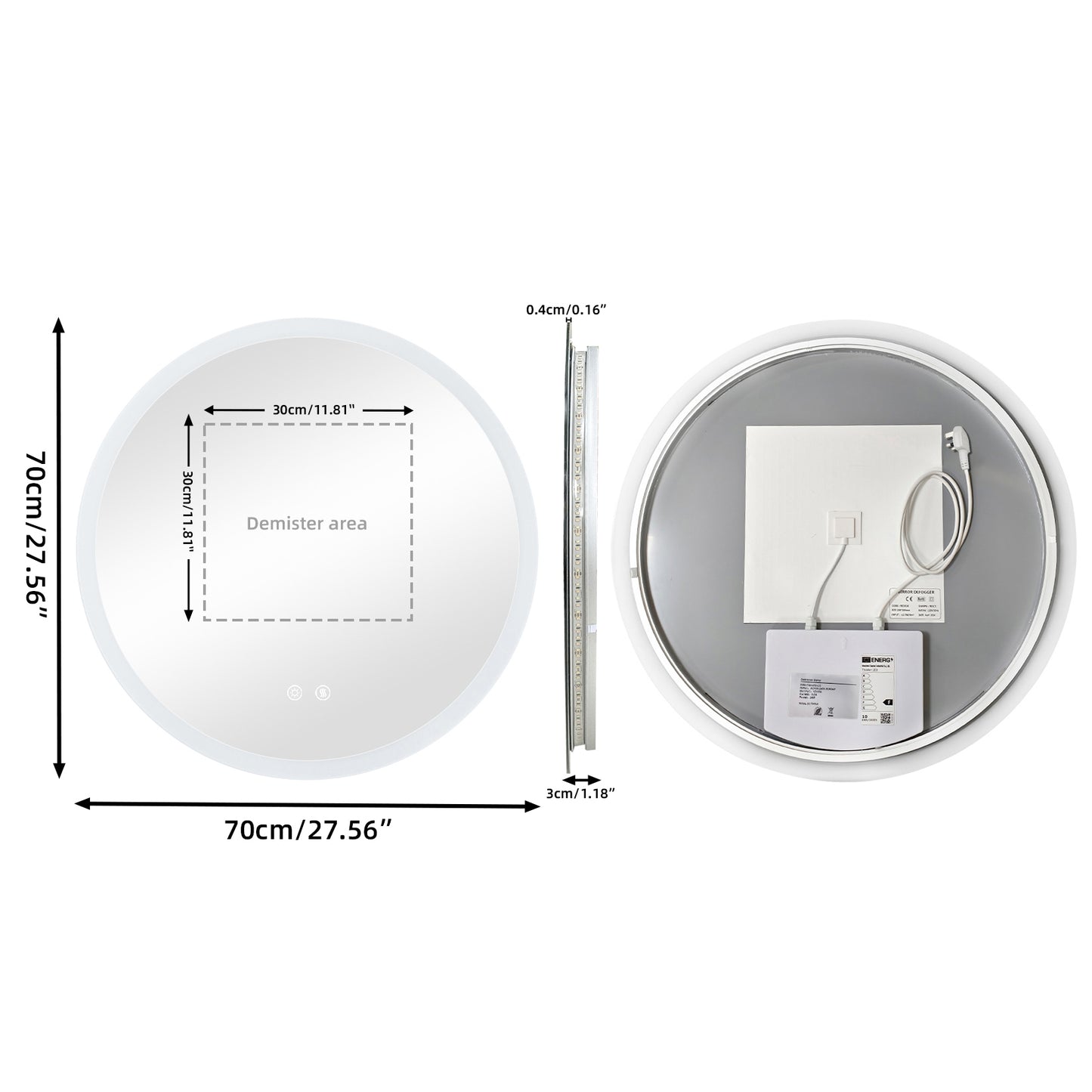 LUVODI 28 in Round Bathroom Mirror with Lights Tempered Glass(2 Buttons)