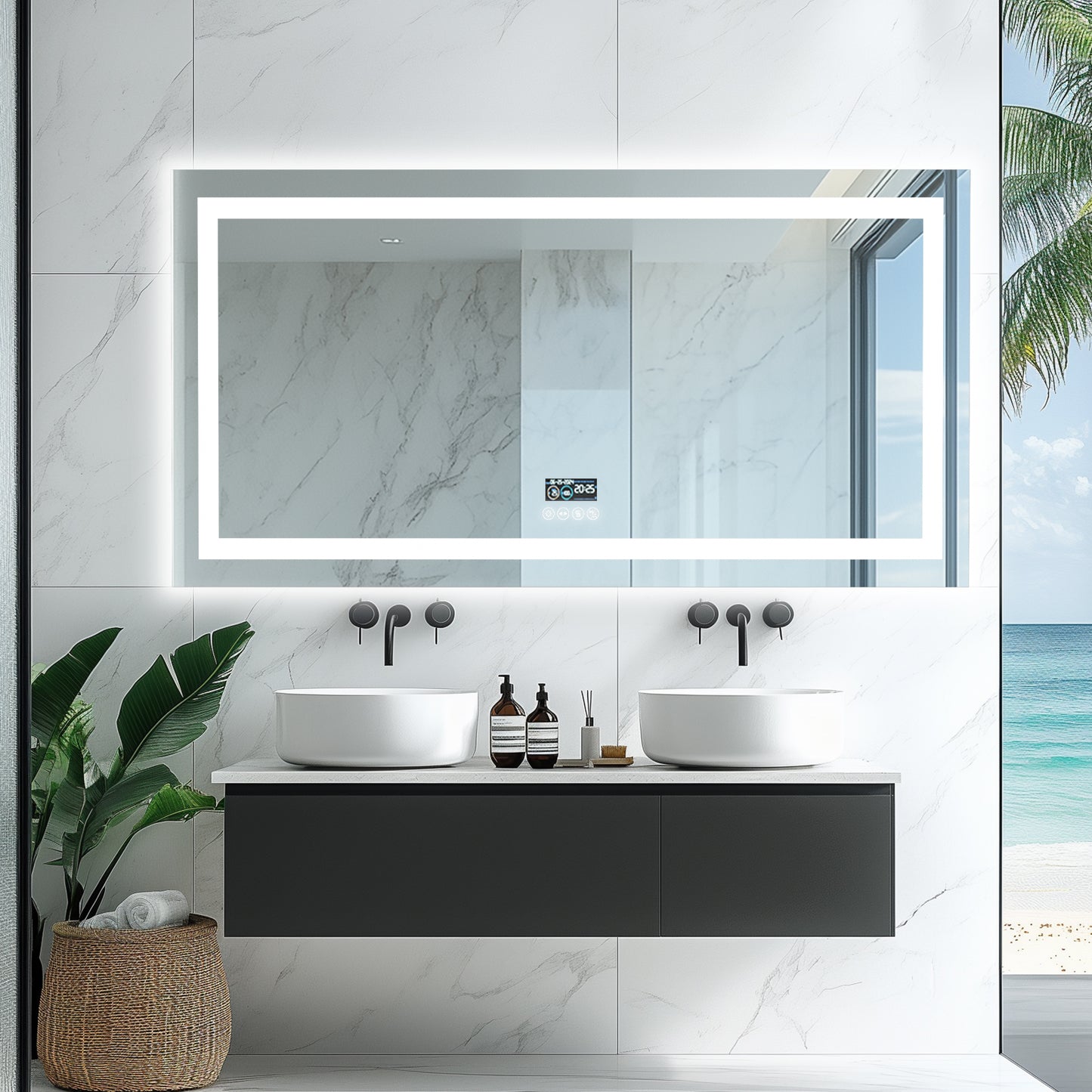 LUVODI LED Rectangular Bluetooth Mirror with Samrt Display Horizontal Hanging