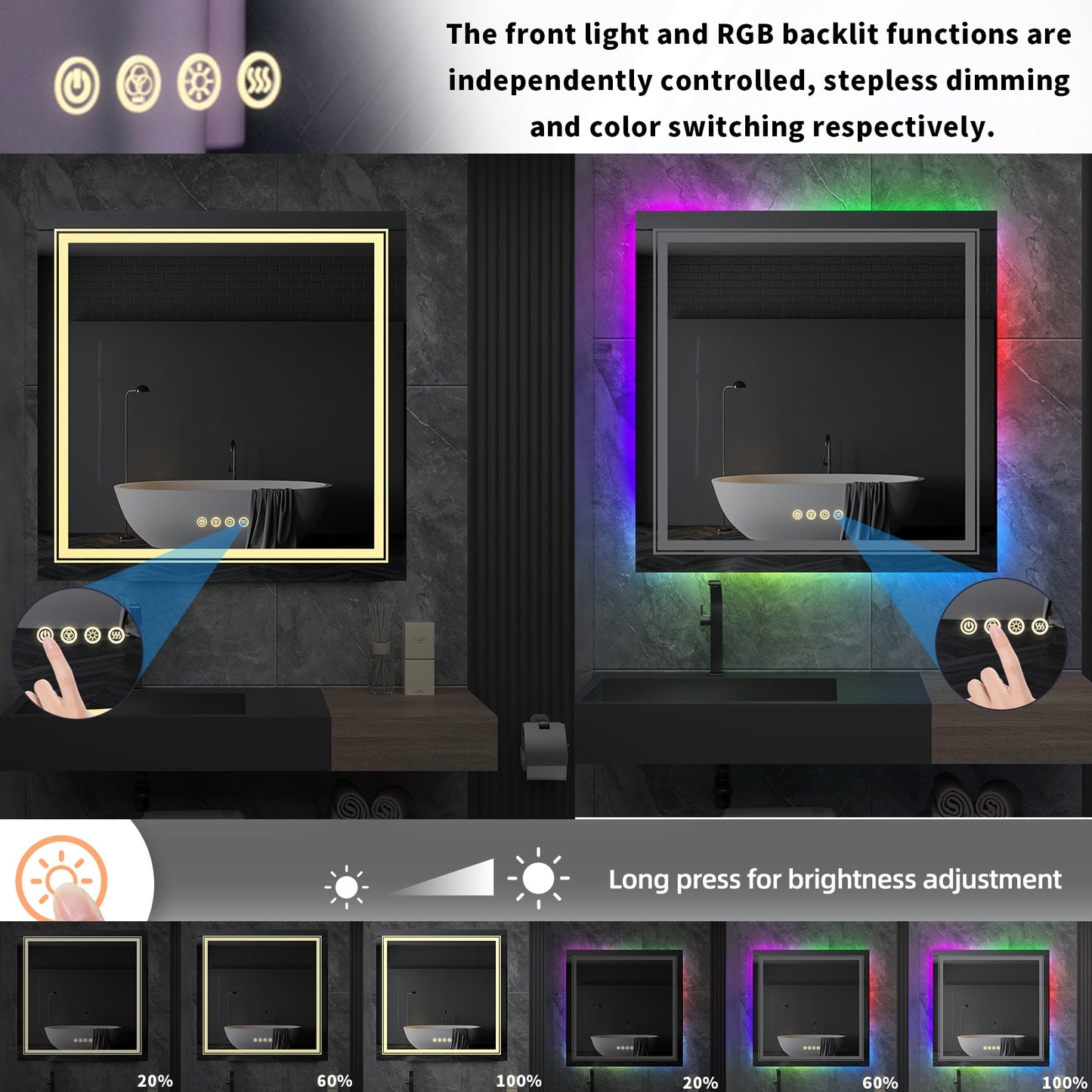 LUVODI 80x80cm Square LED Bathroom Mirror with 8 RGB Backlit 3 Front Light Color Smart Defogging Touch