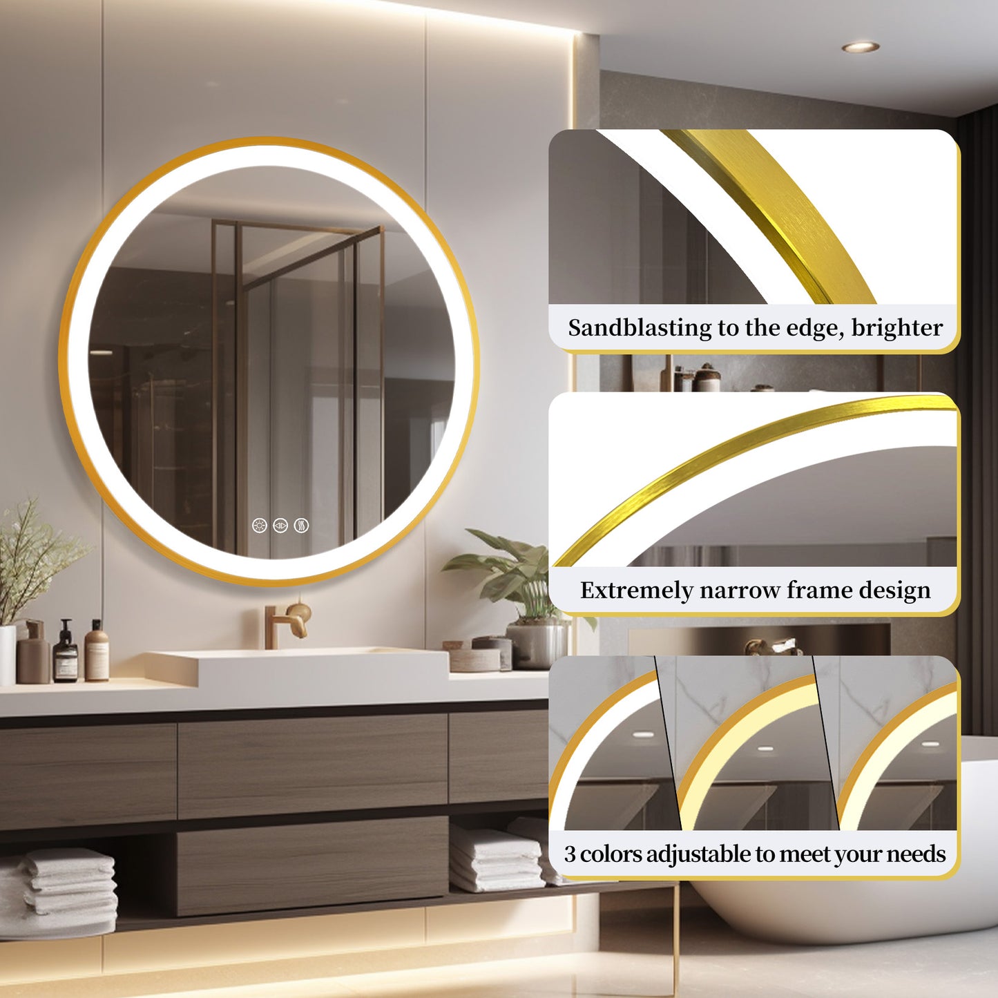 LUVODI Round LED Bathroom Mirror with Gold Aluminum Alloy Frame Sand to the Edge Mirror