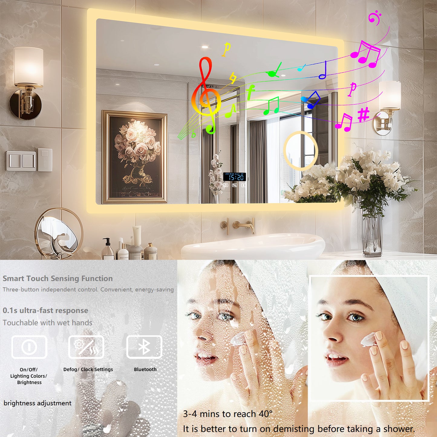 LUVODI Bluetooth Bathroom Mirror With 3X Magnifying, Time/Date Display Makeup Mirror