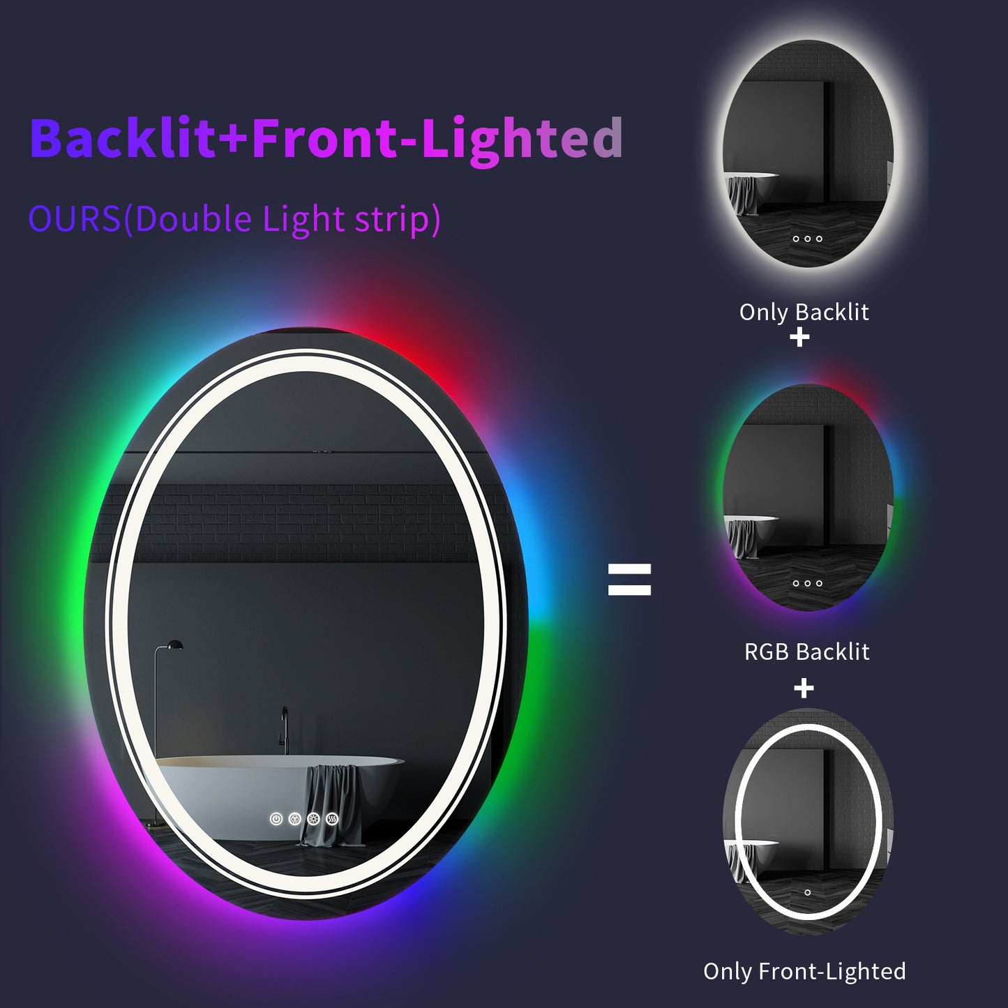 LUVODI 60x80cm Oval LED Bathroom Mirror with 8 RGB Backlit 3 Front Light Color Smart Defogging TouchCRI>90