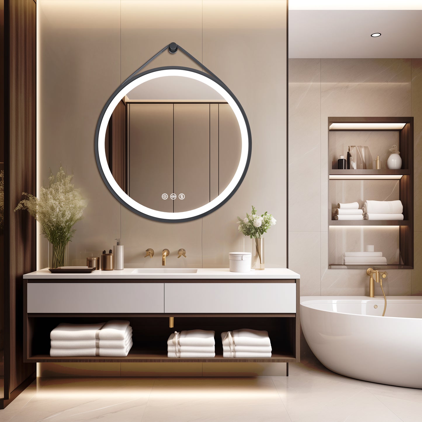 LUVODI Lighted Bathroom Mirror with Strap Round LED Bathroom Mirror