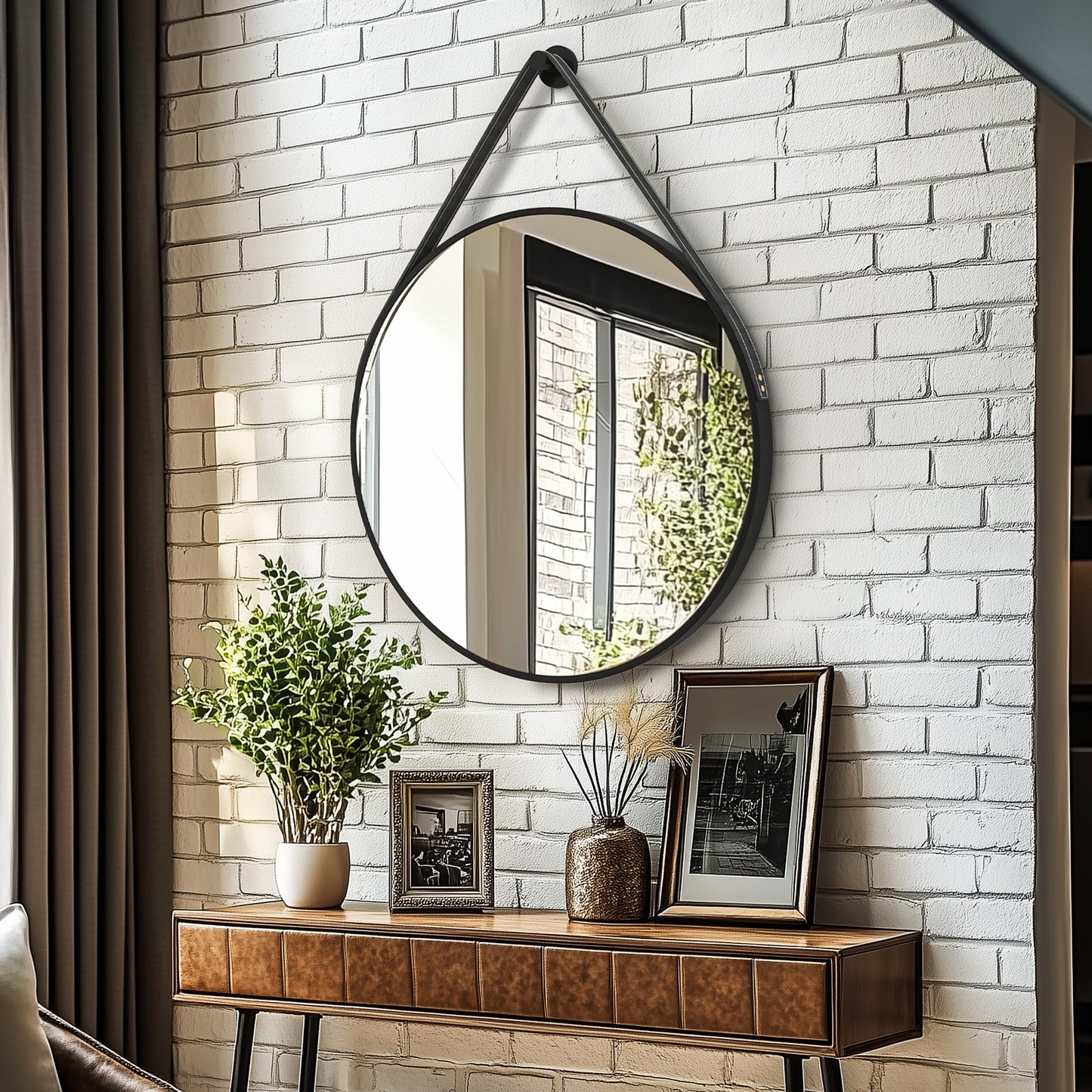 Black Round Mirror With Hanging Rope For Living Room, Bedroom, Entryway
