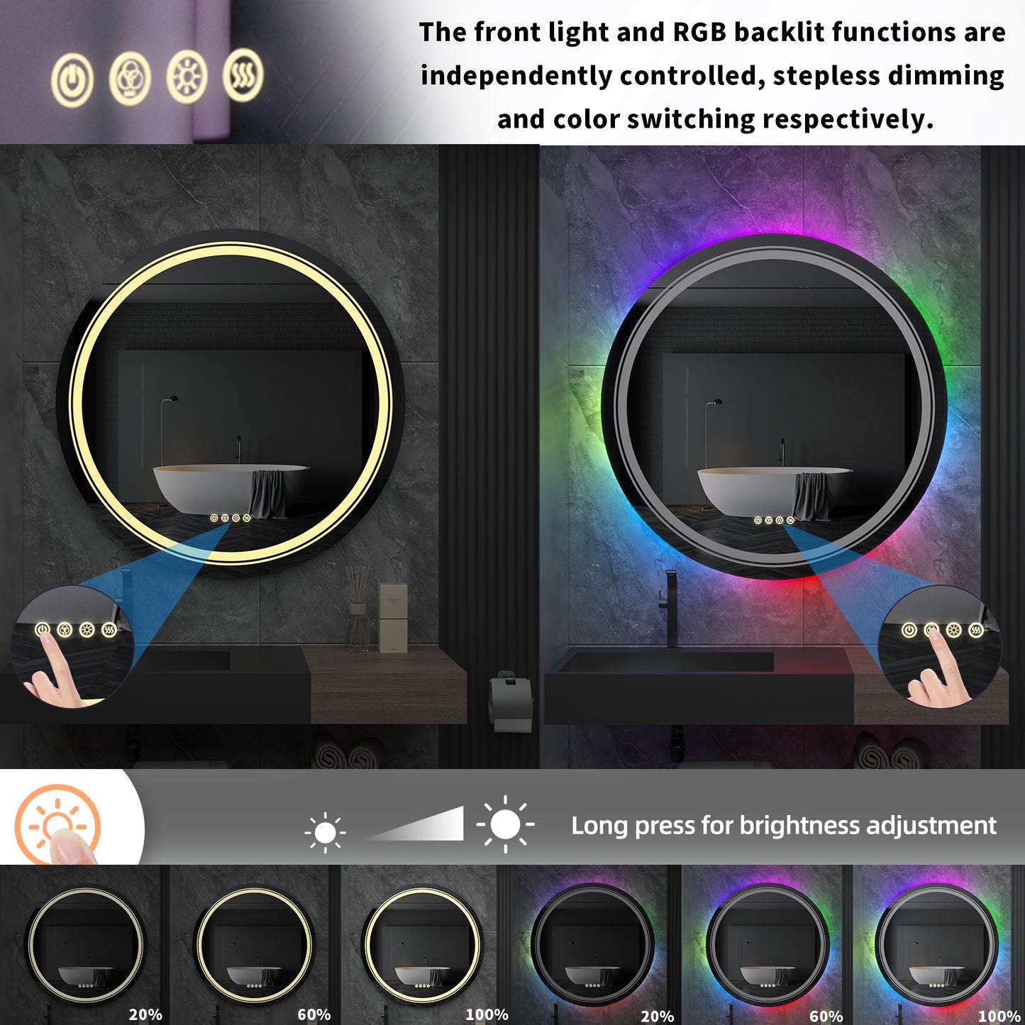 LUVODI Round LED Bathroom Mirror with 8 RGB Backlit 3 Front Light Color Smart Defogging Touch