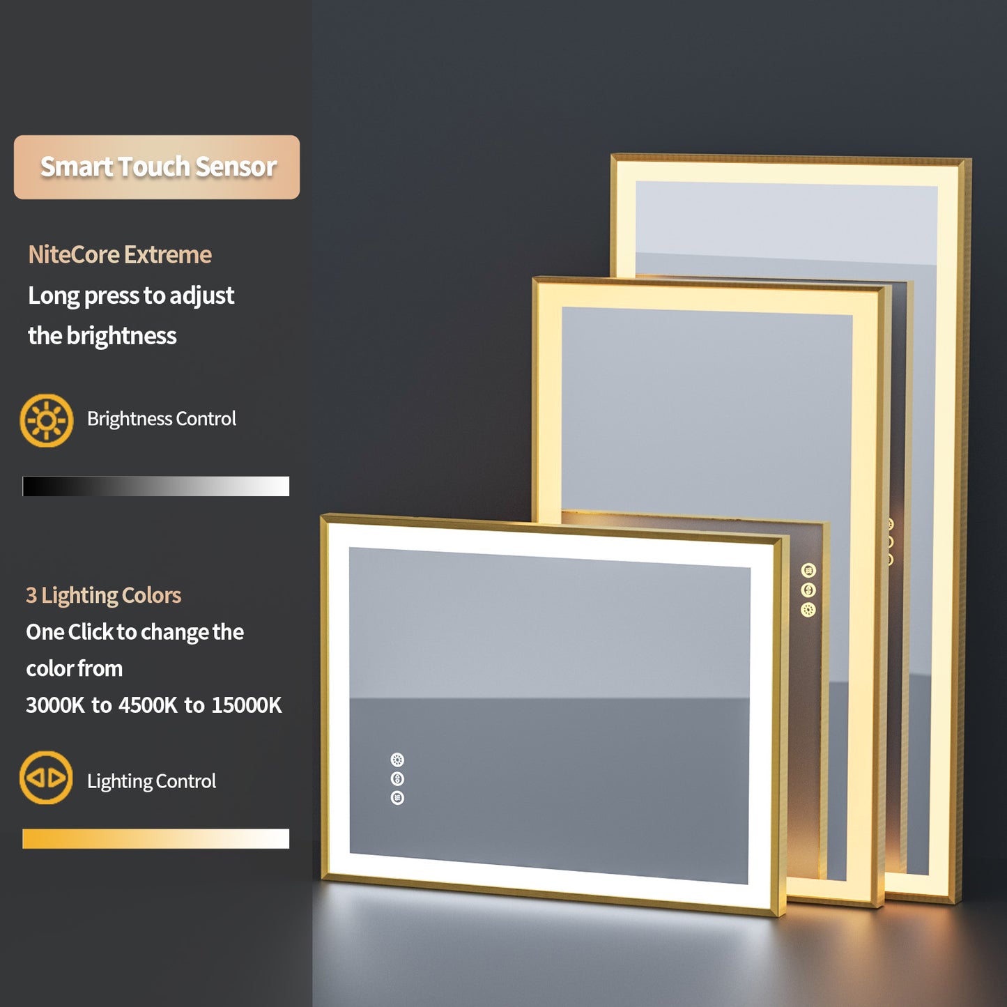 LUVODI Rctangular LED Bathroom Mirror with Gold Aluminum Alloy Narrow Frame Defogging 3 Color