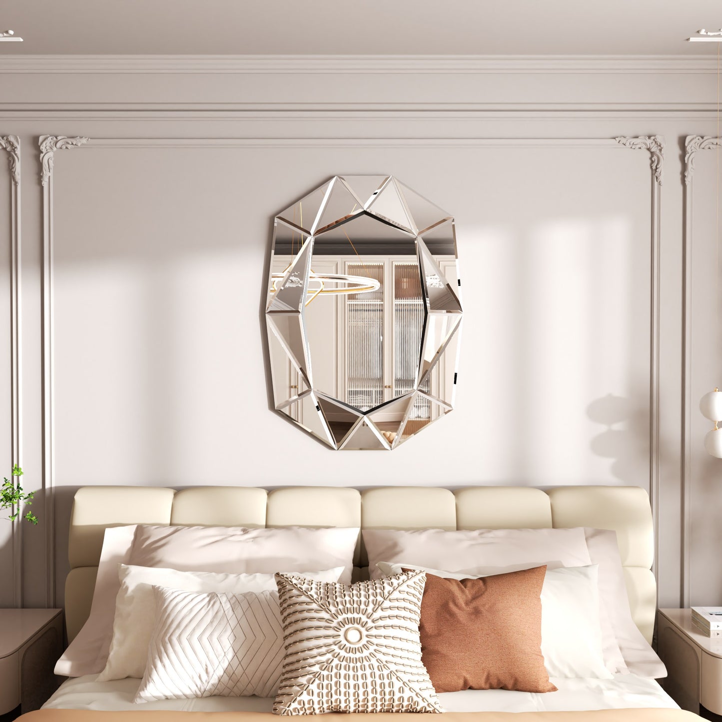 Asymmetrical Decorative Wall Mirror with Beveled Diamond Pieces