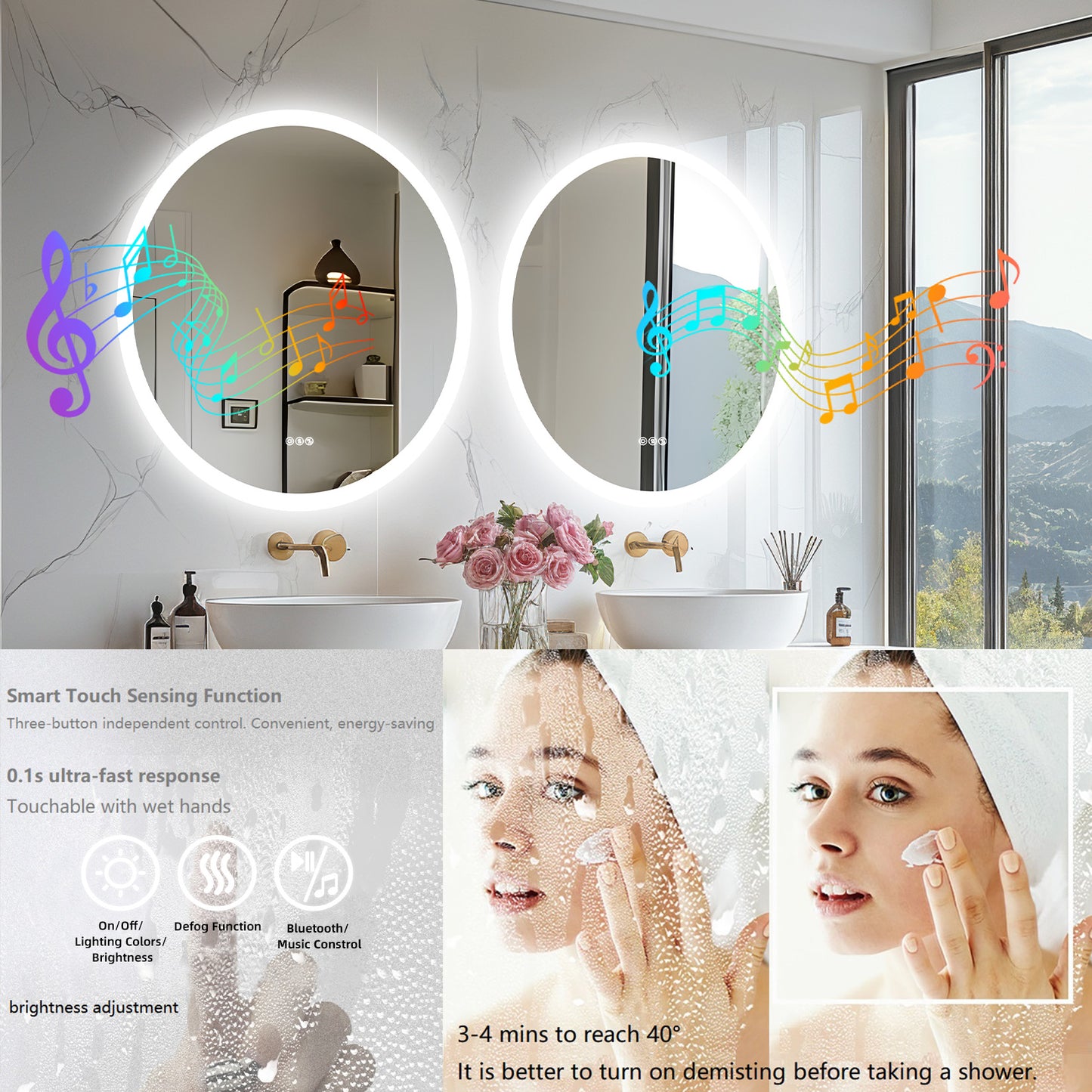 LUVODI Round Bluetooth Bathroom Mirror with Speaker, No Display 31.5 in
