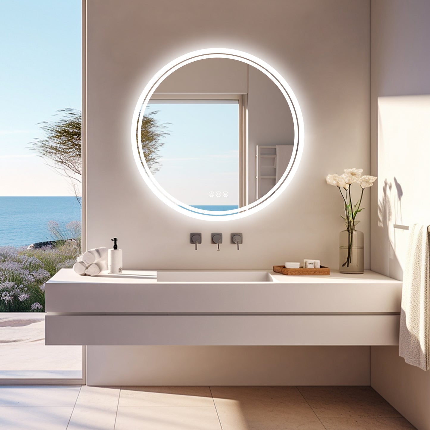 LUVODI Round Illuminated Bathroom Mirror 3 Colors Defogging Smart Mirror(Glowing Outer Edge)