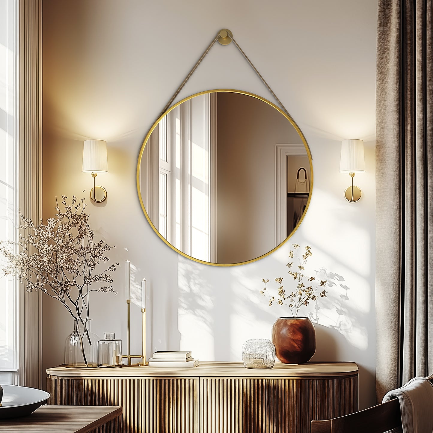 Gold Round Mirror With Hanging Rope For Living Room, Bedroom, Entryway
