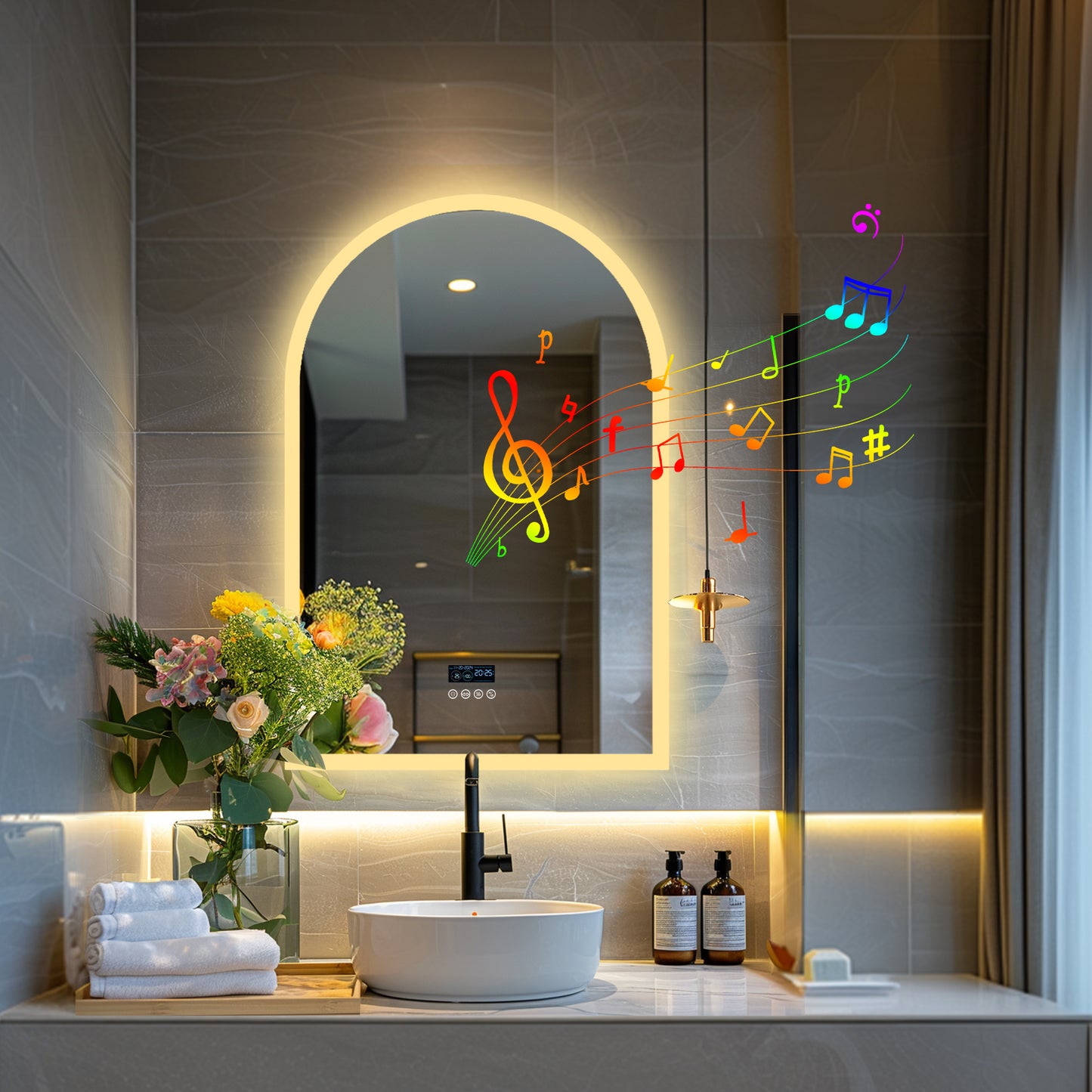 LUVODI Arched Bathroom Mirror with Bluetooth Speaker, Elegant Arch LED Lighted Bathroom Mirror 600x900mm
