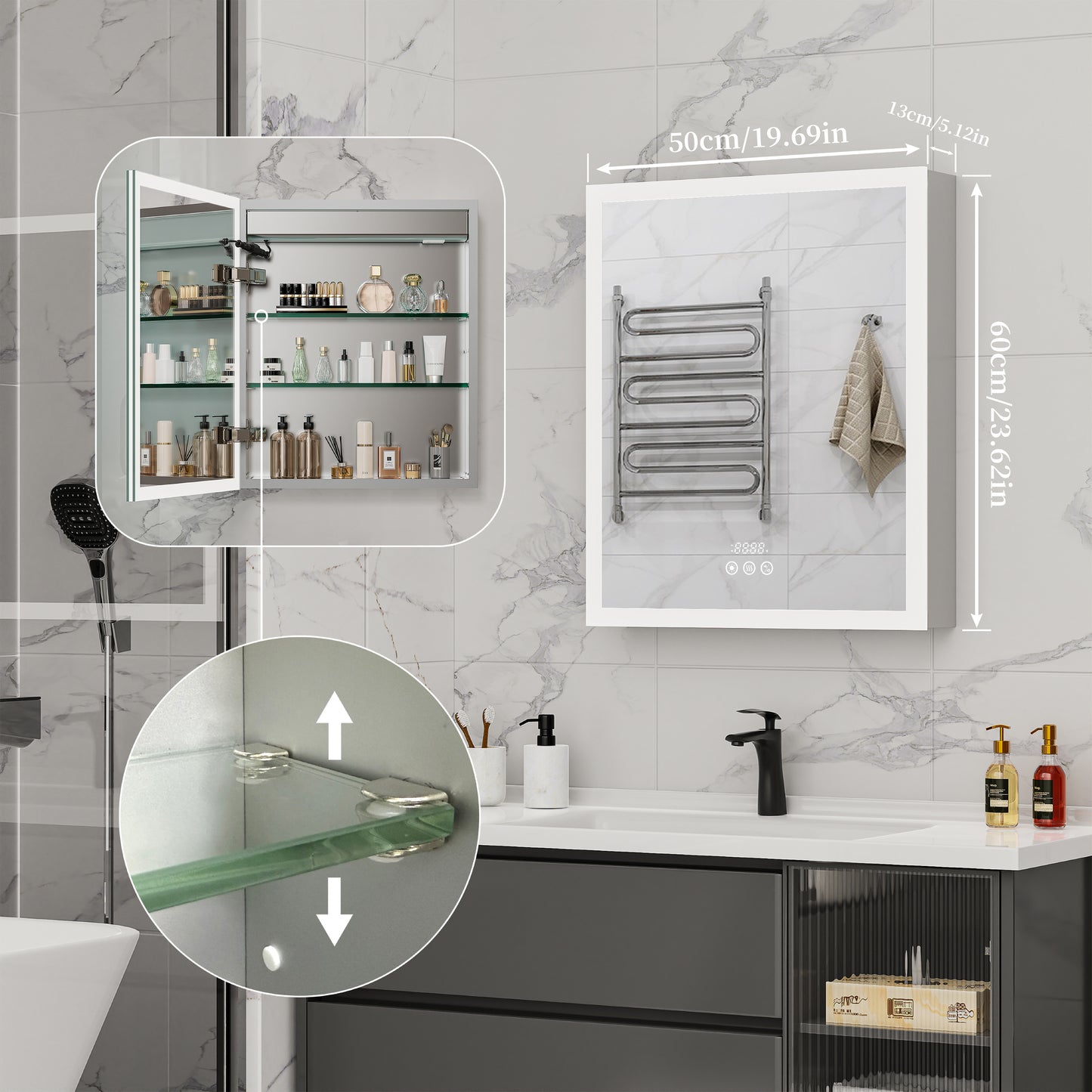 LUVODI LED Bluetooth Bathroom Mirror Cabinet, 500x600mm, 600x700mm, 3 colors, defogging