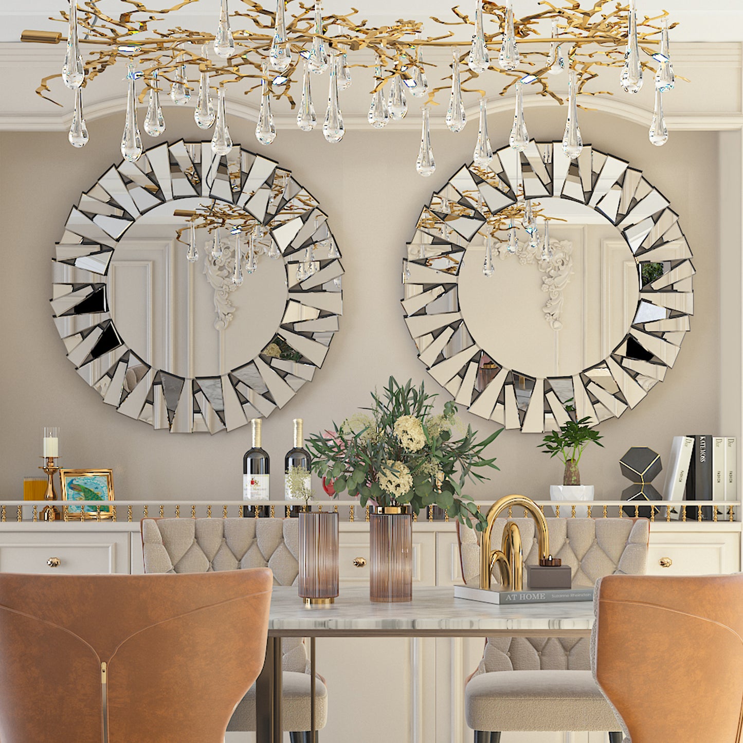 31.5” Round Wall-mounted Sunburst Mirror Silver Glass Accent Mirror for Living Room