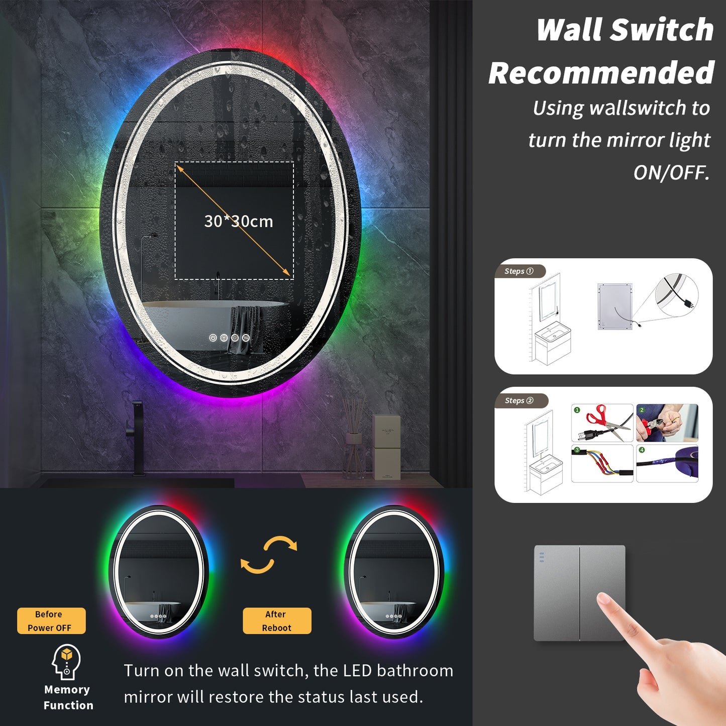 LUVODI 60x80cm Oval LED Bathroom Mirror with 8 RGB Backlit 3 Front Light Color Smart Defogging TouchCRI>90