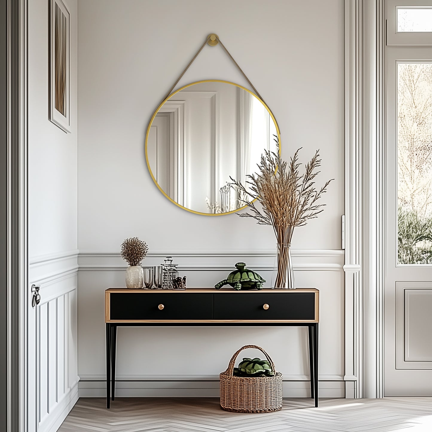 Gold Round Mirror With Hanging Rope For Living Room, Bedroom, Entryway