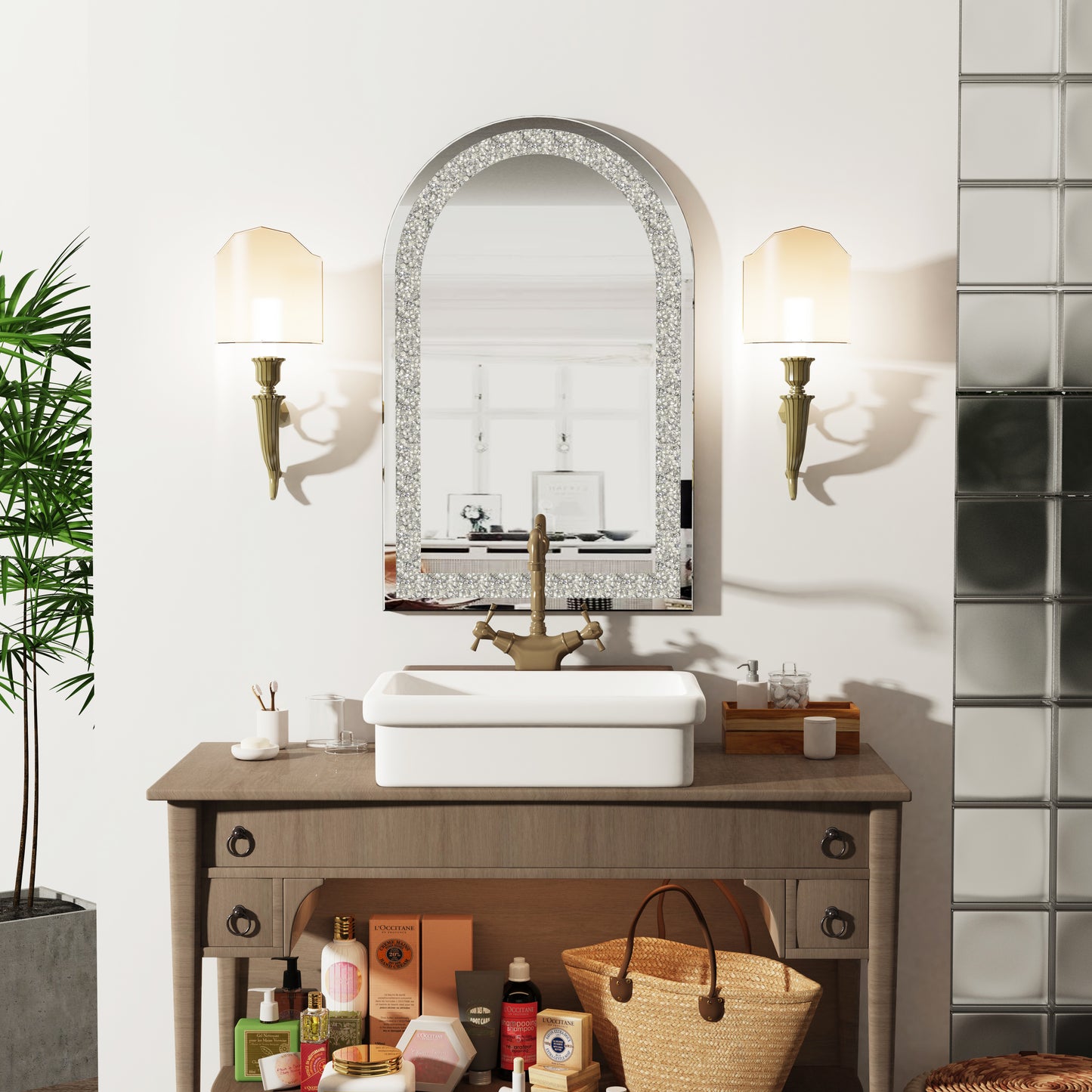Arched Crystal Crushed Diamond Wall Mirror for Bedroom Living Room Entryway 23x35"